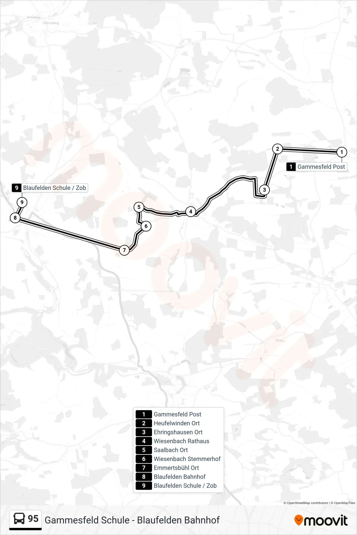 Linie 95 (Bus) Richtung Blaufelden Schule / Zob: Route und Haltestellen auf der Karte