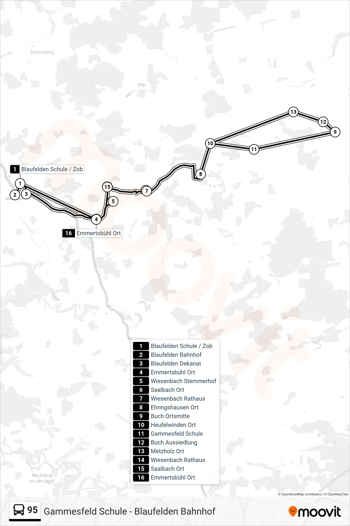 95 bus Line (Blaufelden Schule / Zob) route and stops on a map