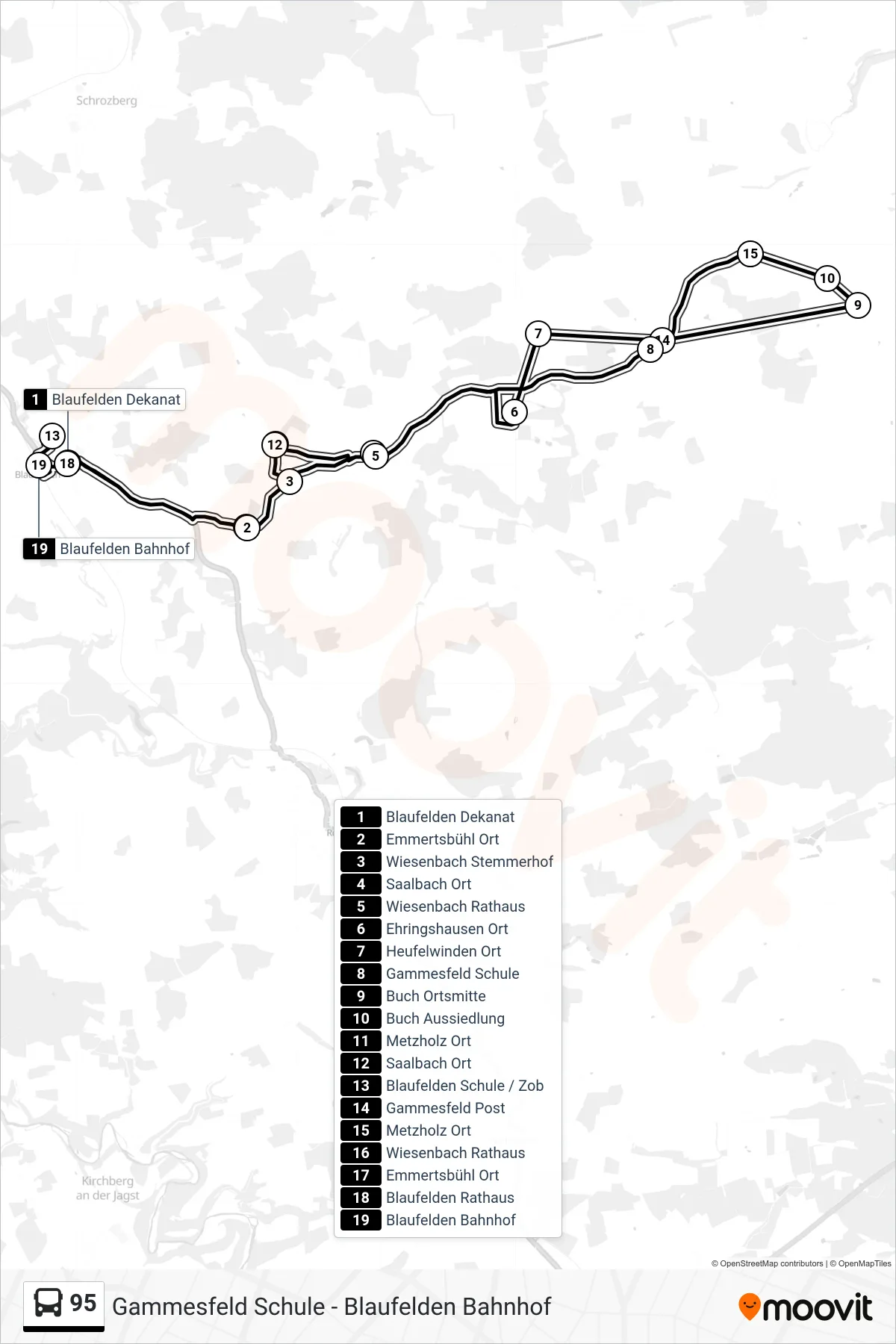 95 bus Line (Blaufelden Bahnhof) route and stops on a map