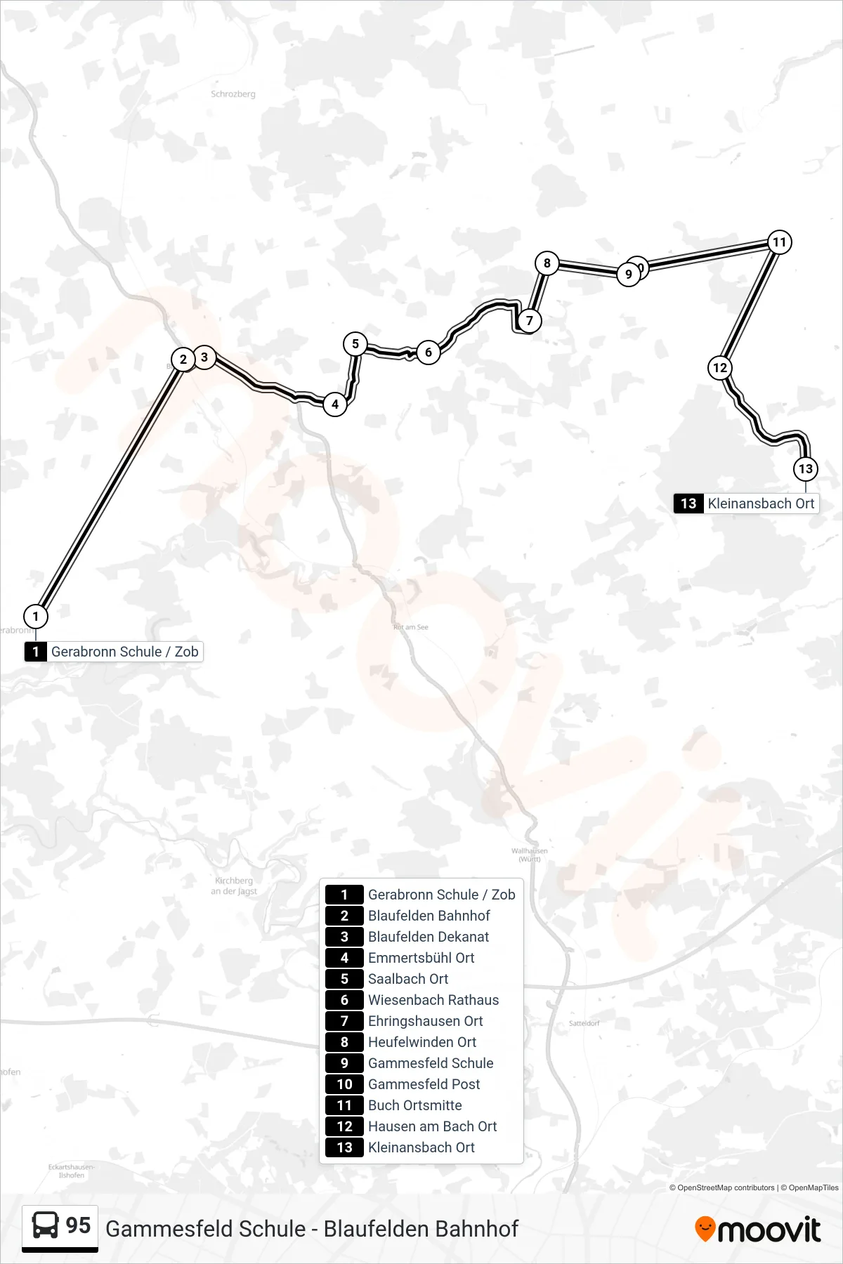 95 bus Line (Kleinansbach Ort) route and stops on a map