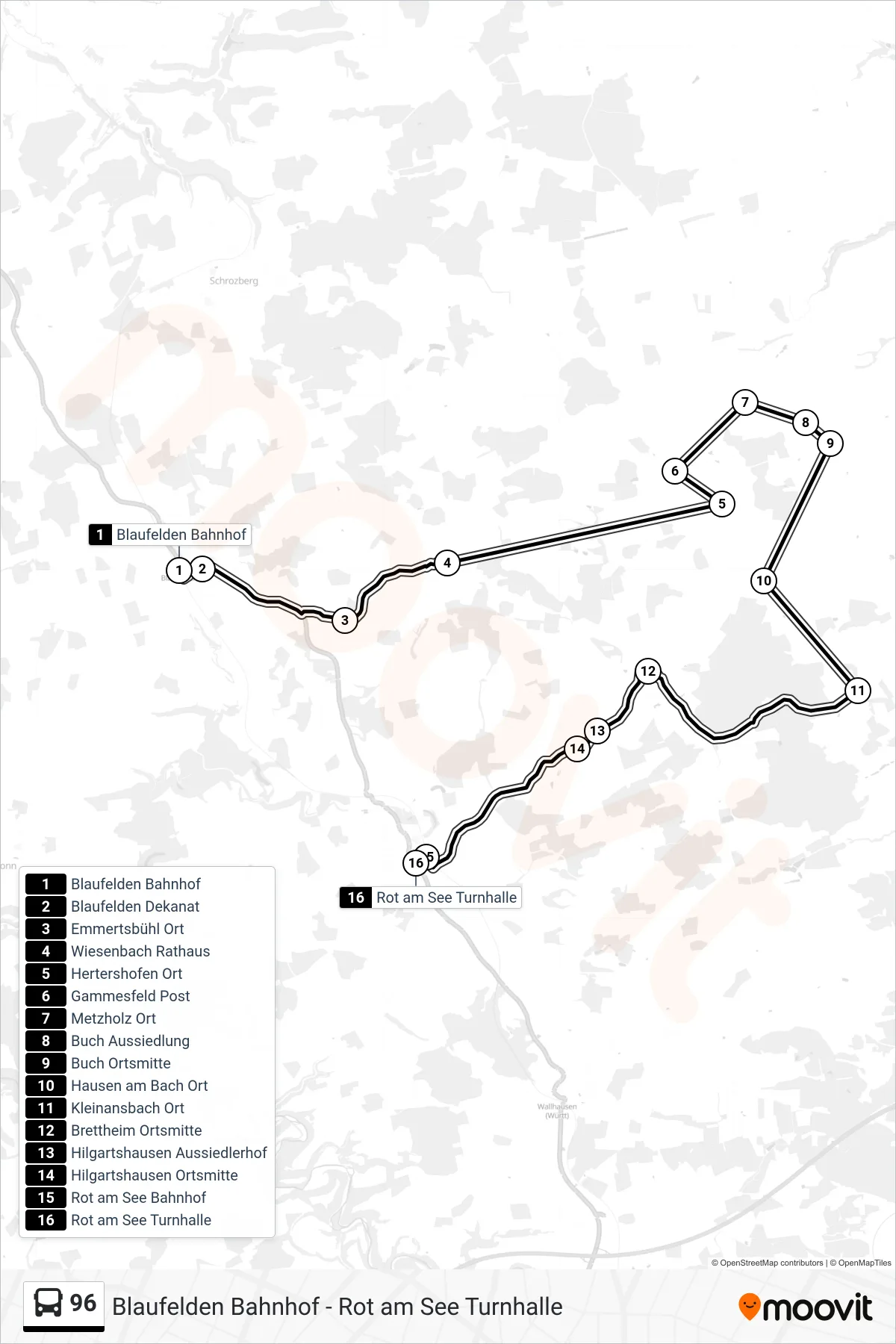 96 bus Line (Rot am See Turnhalle) route and stops on a map