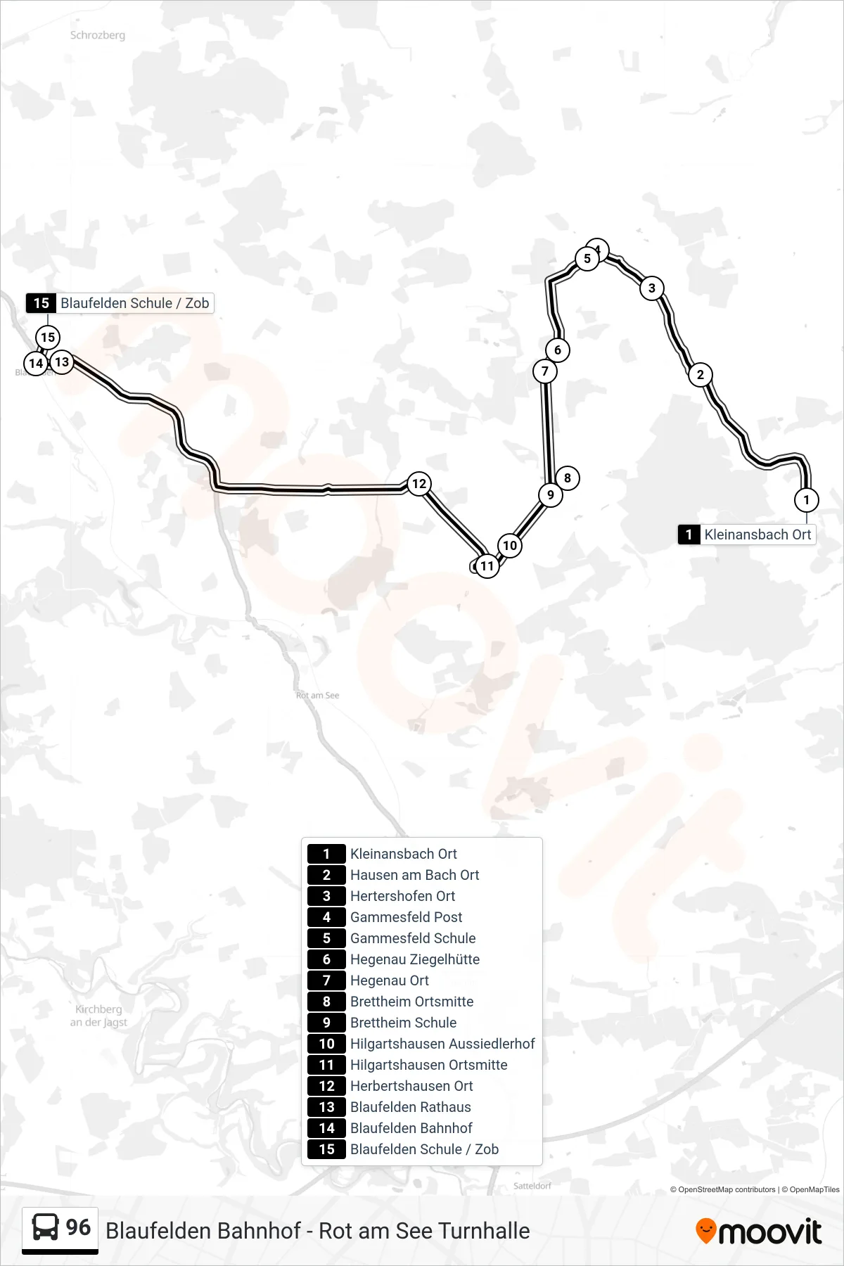 96 bus Line (Blaufelden Schule / Zob) route and stops on a map