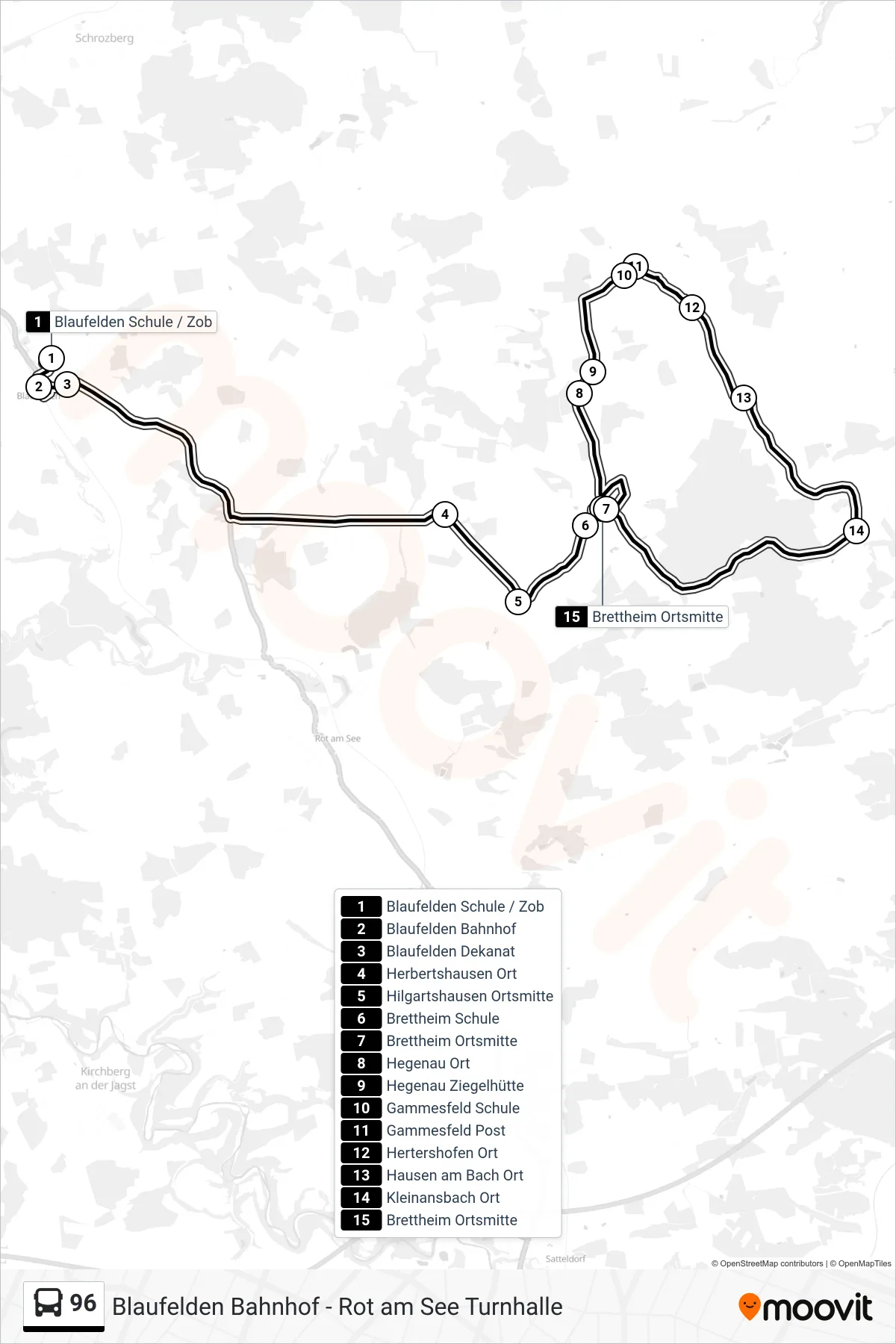 96 bus Line (Brettheim Ortsmitte) route and stops on a map