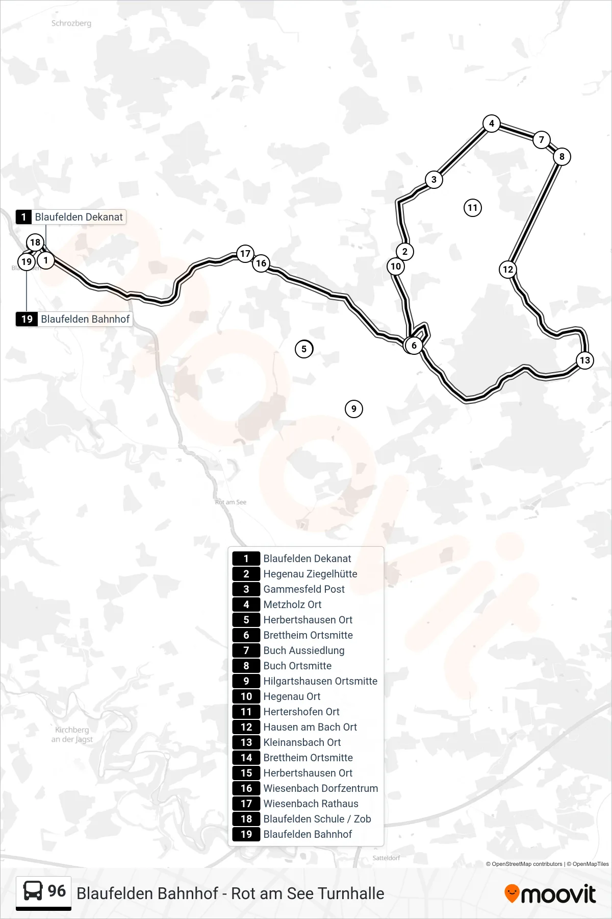 96 bus Line (Blaufelden Bahnhof) route and stops on a map