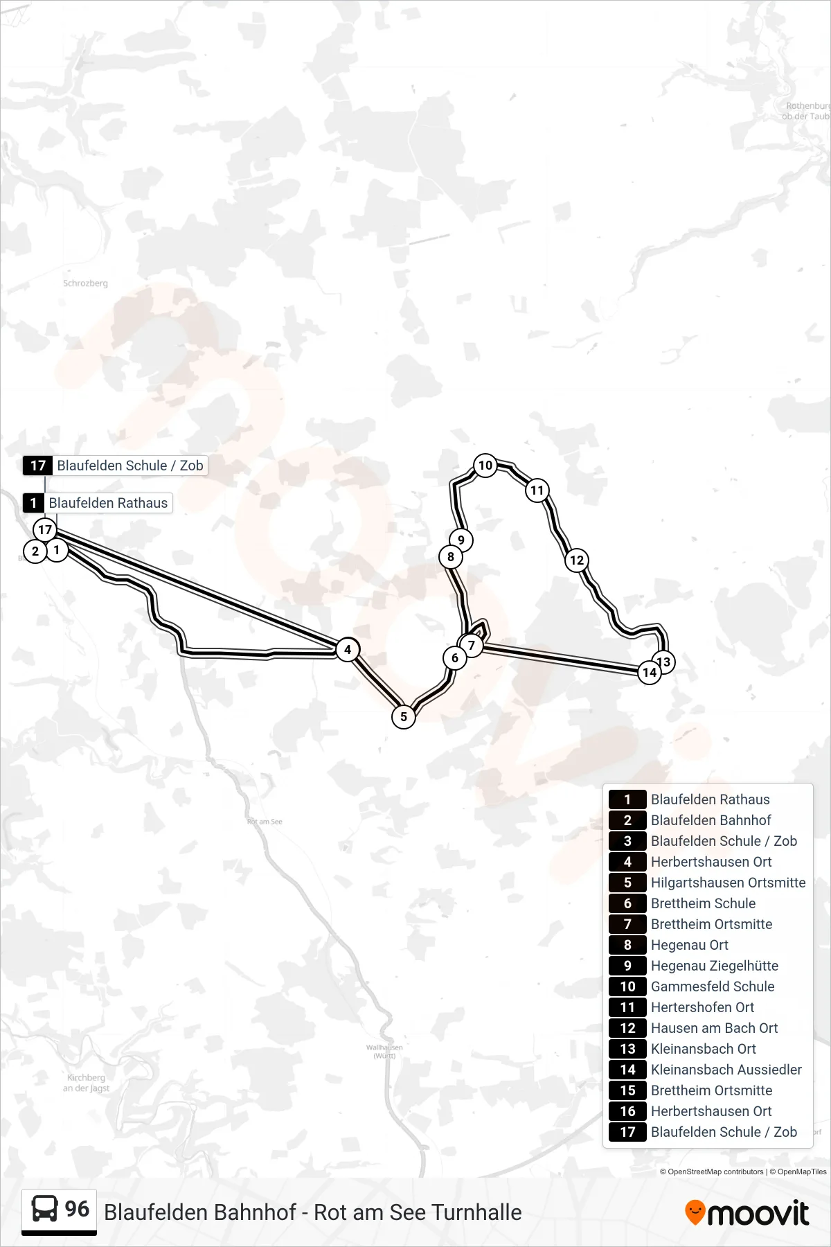 96 bus Line (Blaufelden Schule / Zob) route and stops on a map