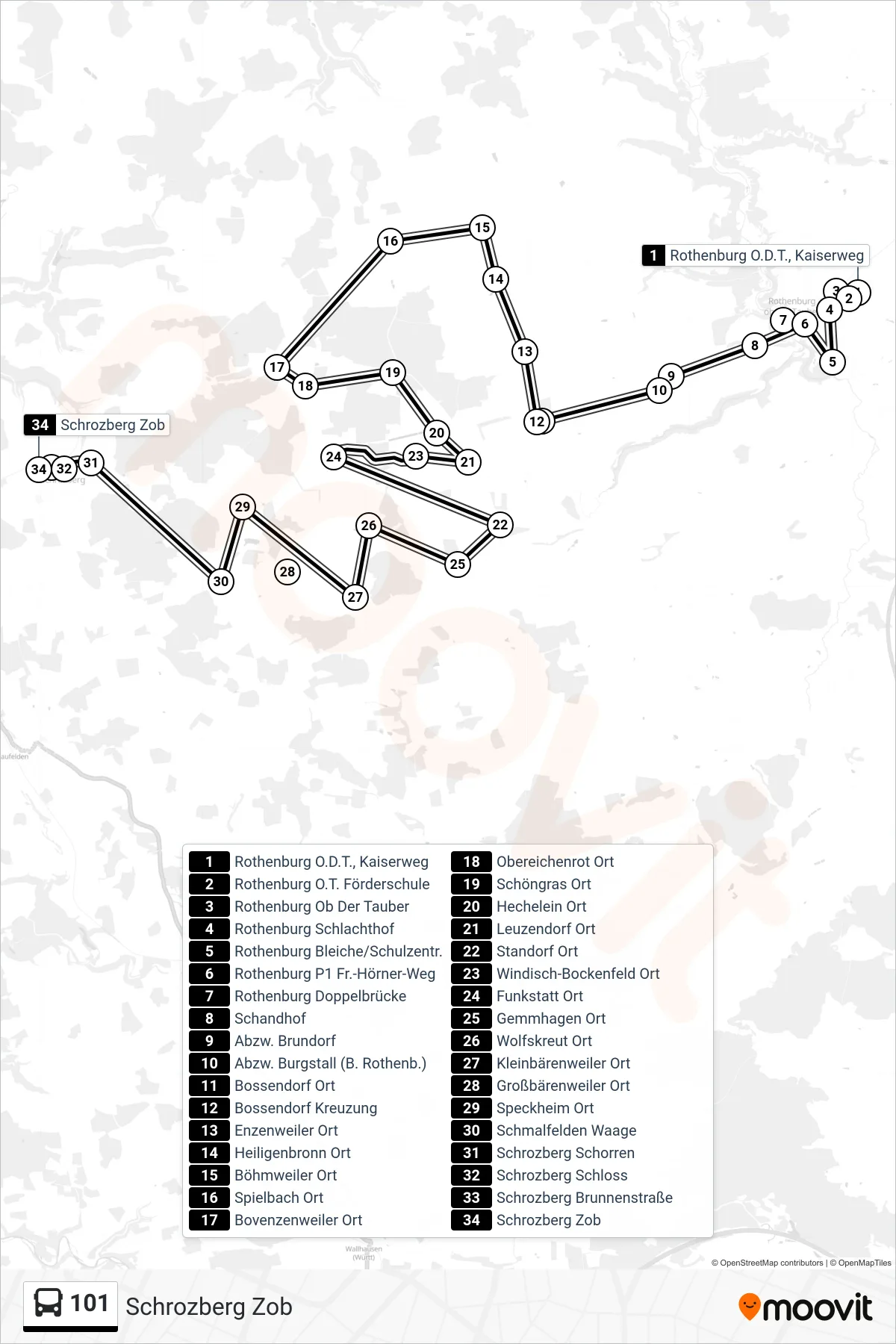 101 bus Line (Schrozberg Zob) route and stops on a map