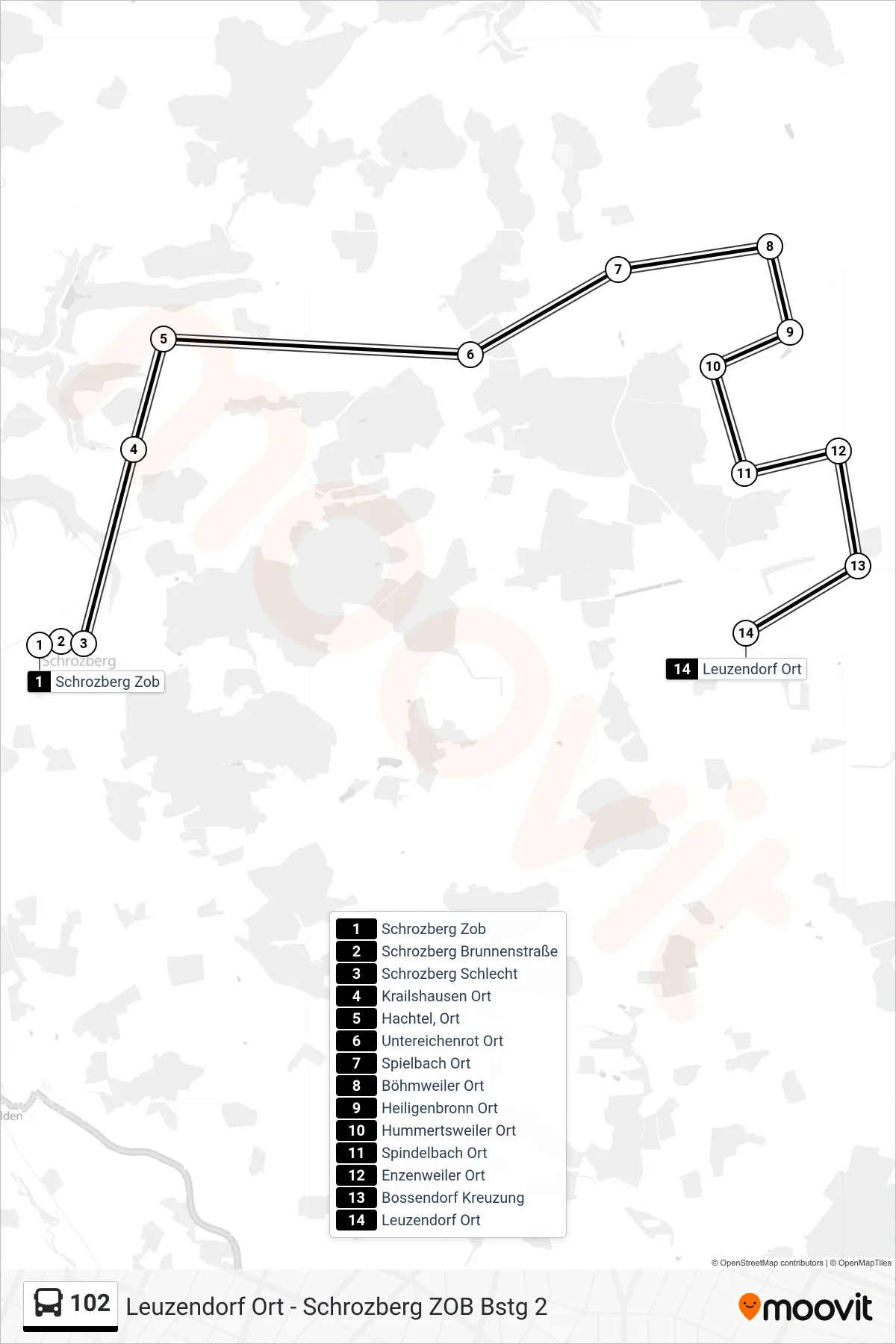 102 bus Line (Leuzendorf Ort) route and stops on a map
