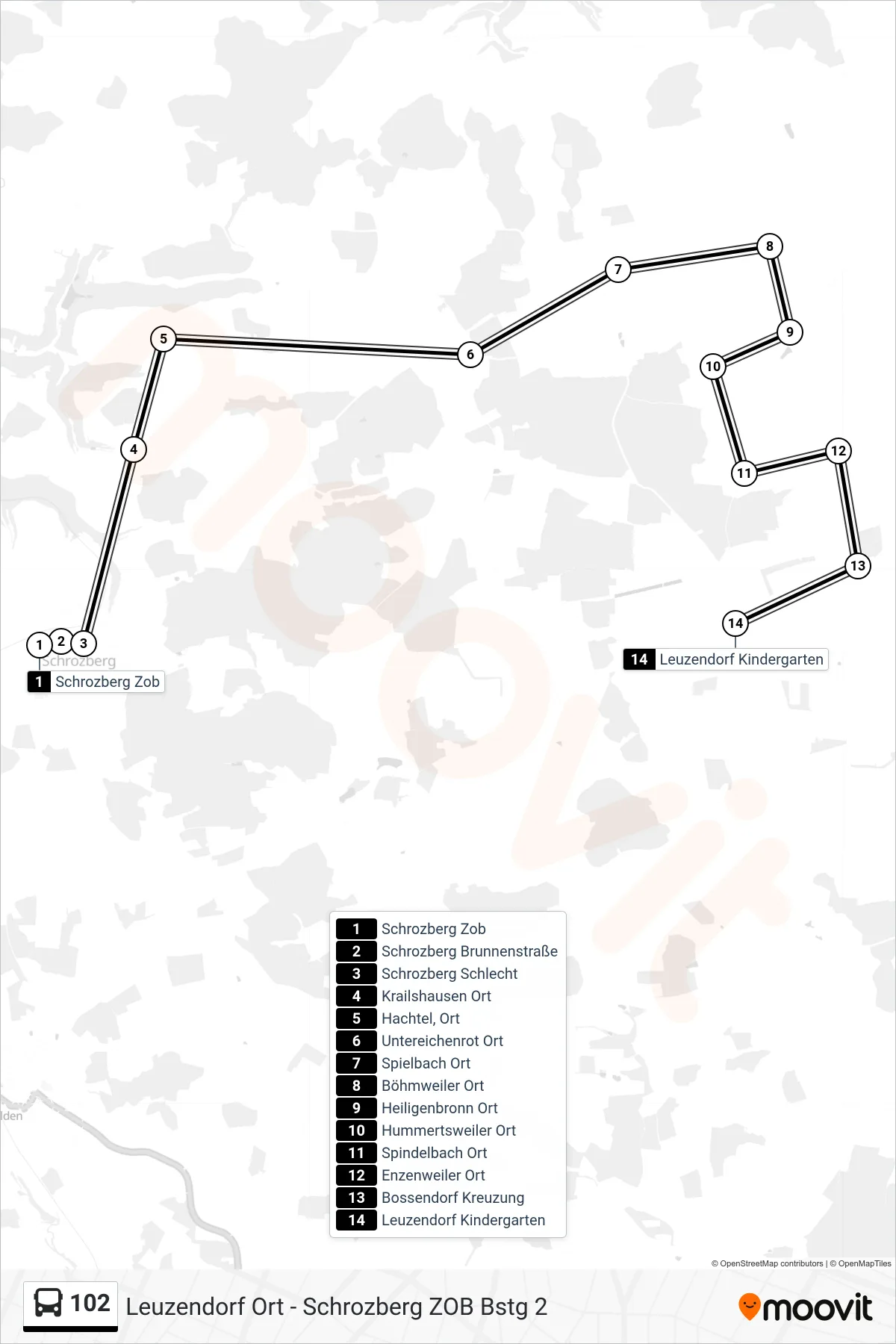 102 bus Line (Leuzendorf Kindergarten) route and stops on a map