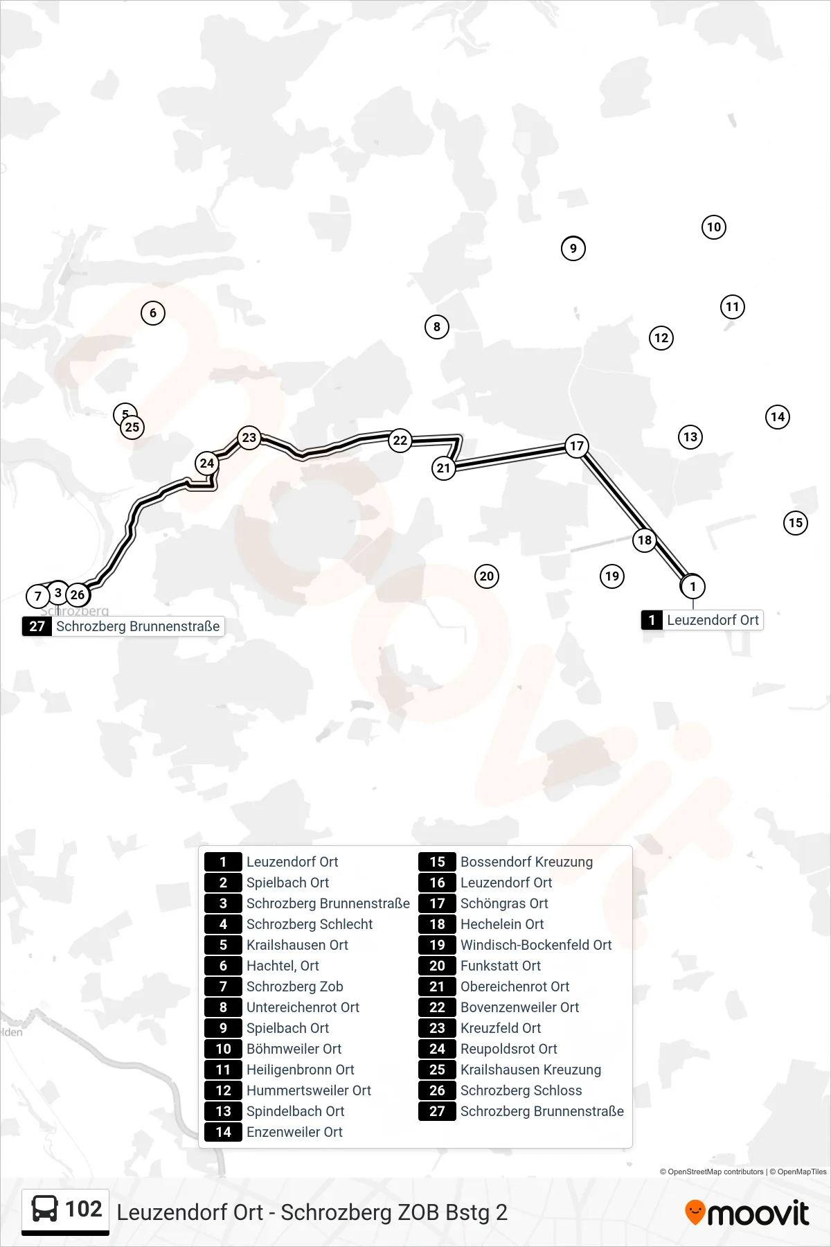 102 bus Line (Schrozberg Zob) route and stops on a map