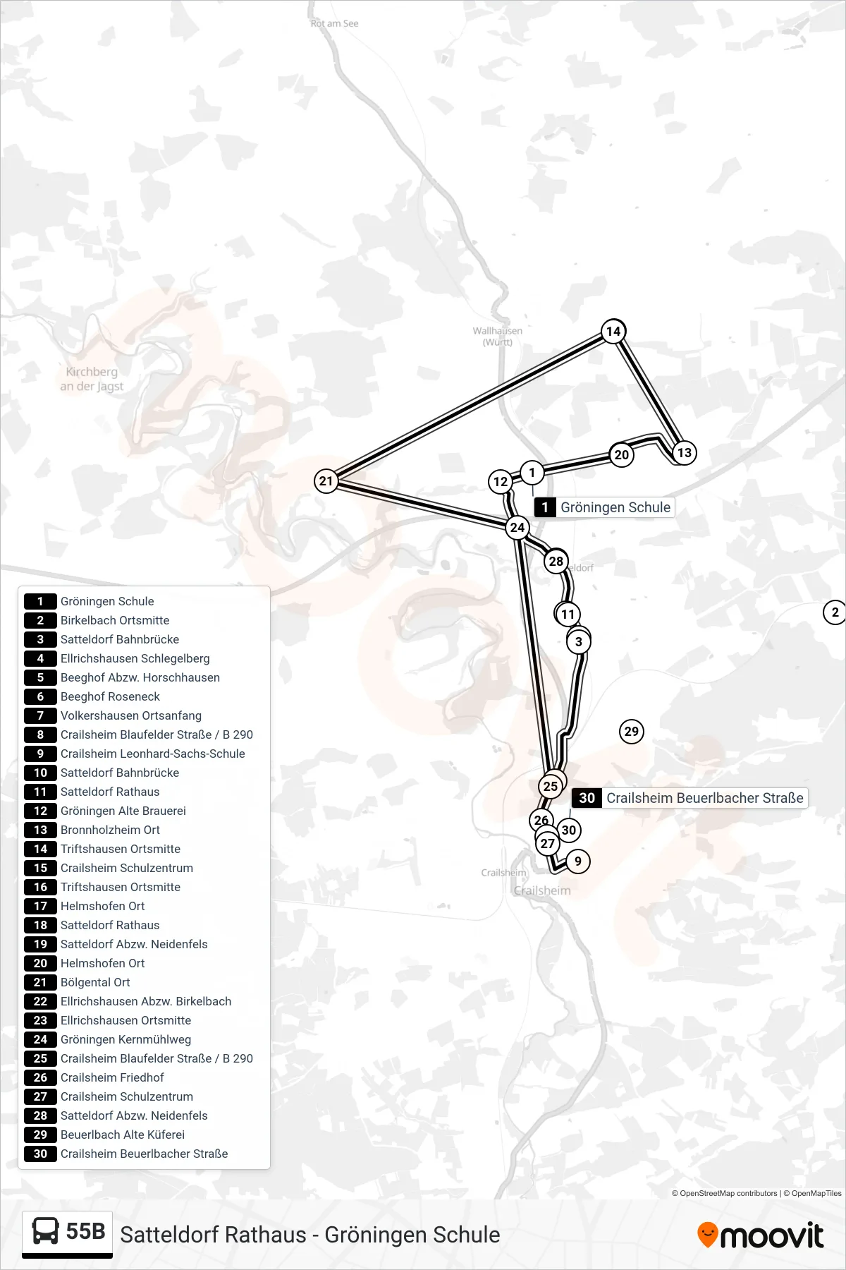 55B bus Line (Crailsheim Leonhard-Sachs-Schule) route and stops on a map