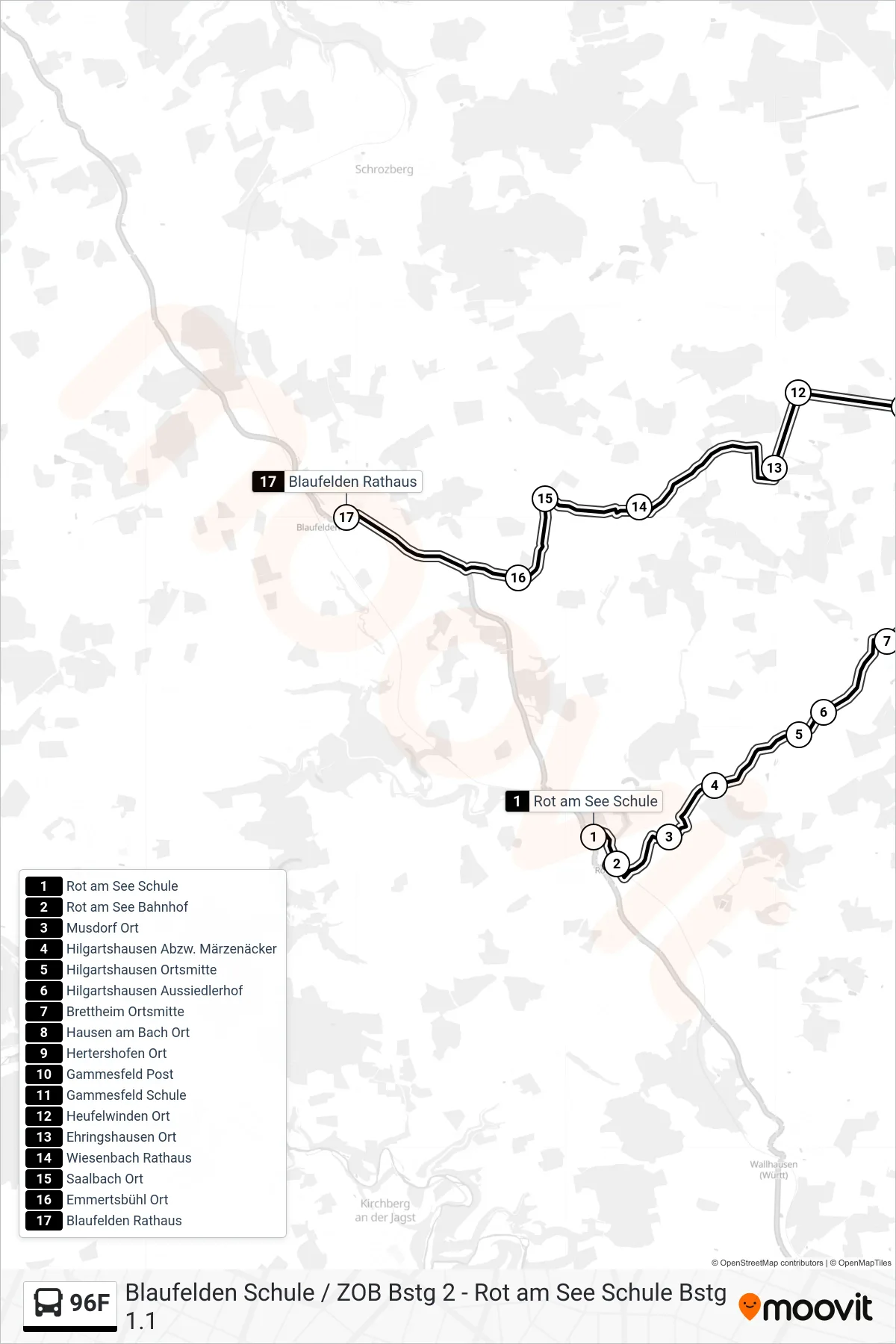 96F bus Line (Blaufelden Rathaus) route and stops on a map