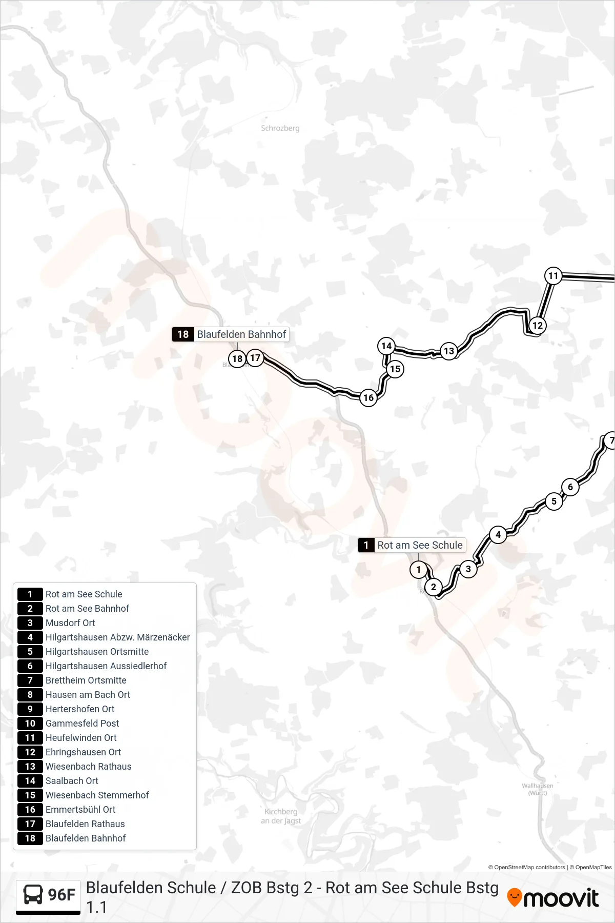 96F bus Line (Blaufelden Bahnhof) route and stops on a map