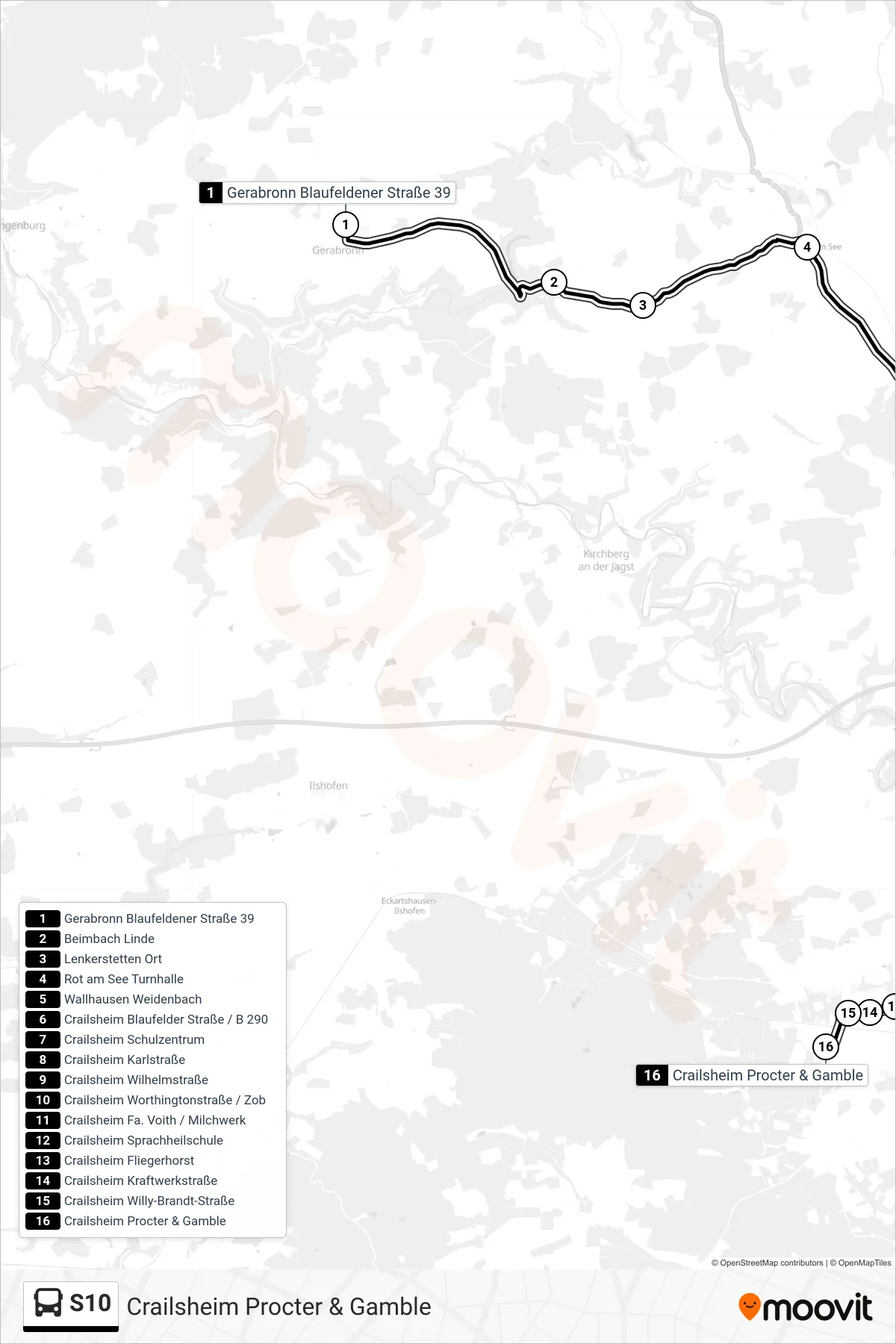 S10 bus Line (Crailsheim Procter & Gamble) route and stops on a map