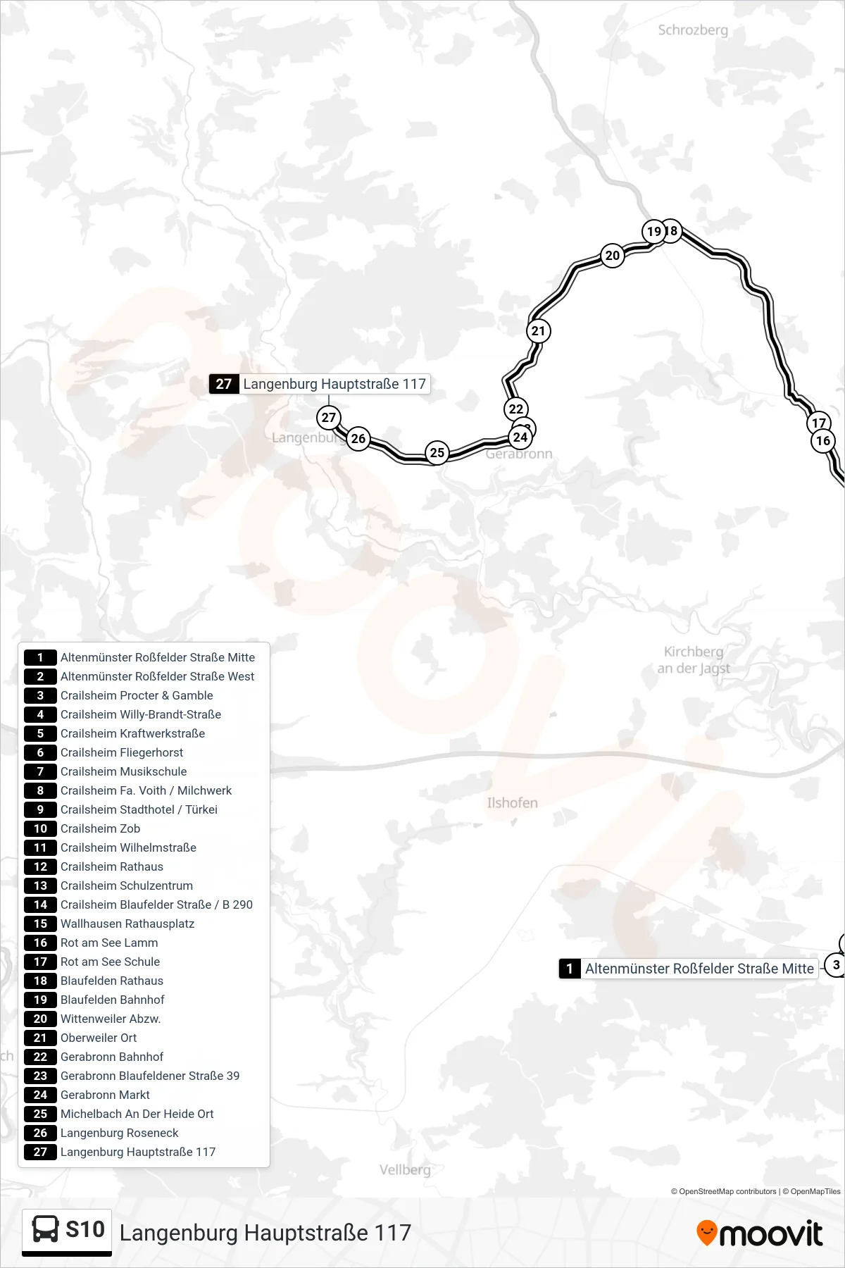 S10 bus Line (Langenburg Hauptstraße 117) route and stops on a map