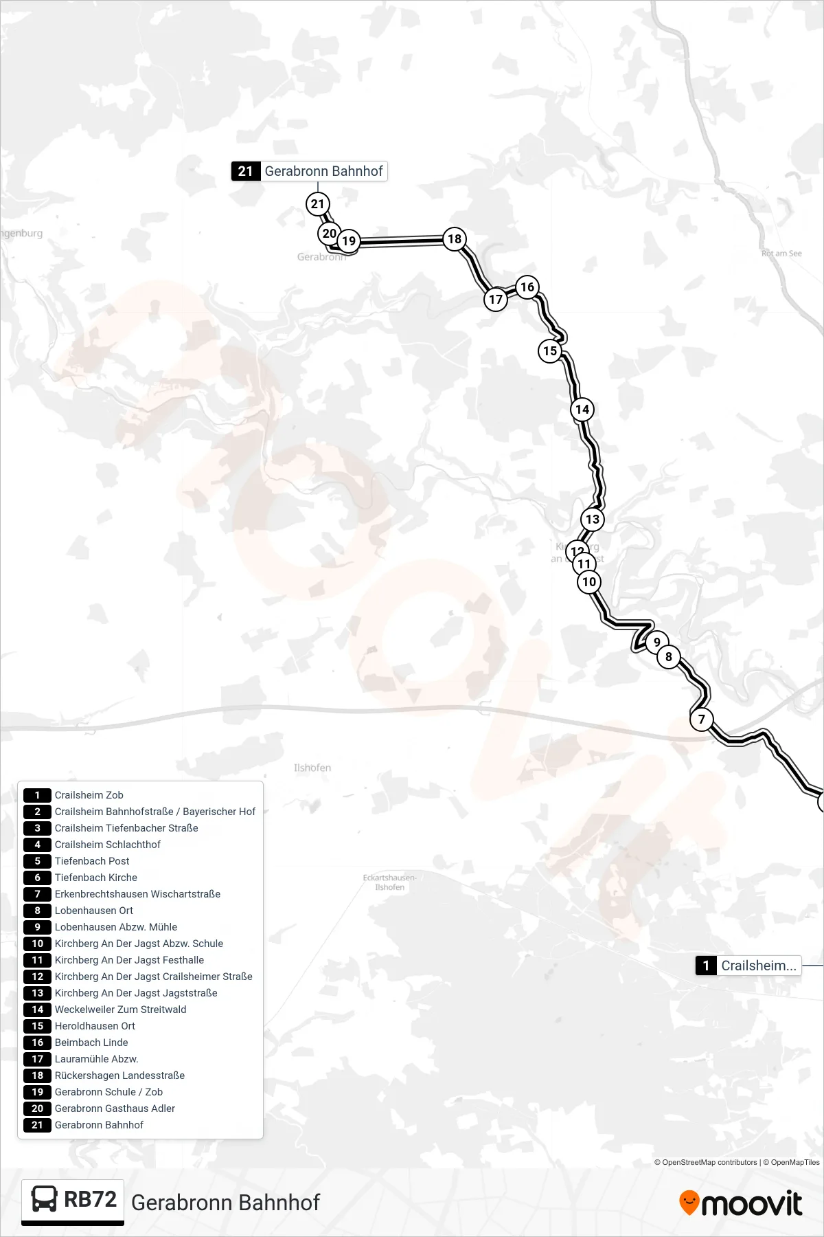 RB72 bus Line (Gerabronn Bahnhof) route and stops on a map