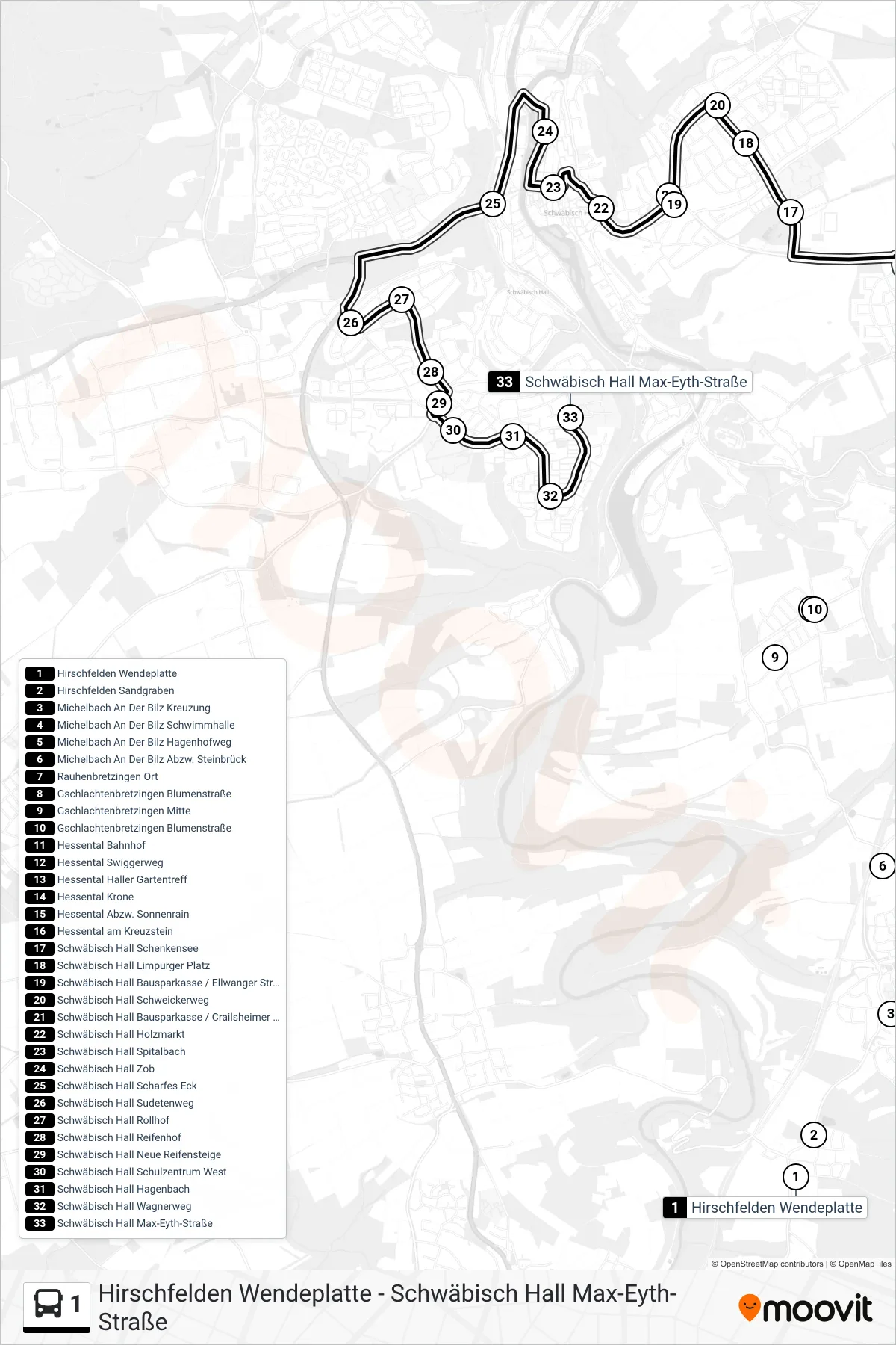 1 bus Line (Schwäbisch Hall Max-Eyth-Straße) route and stops on a map