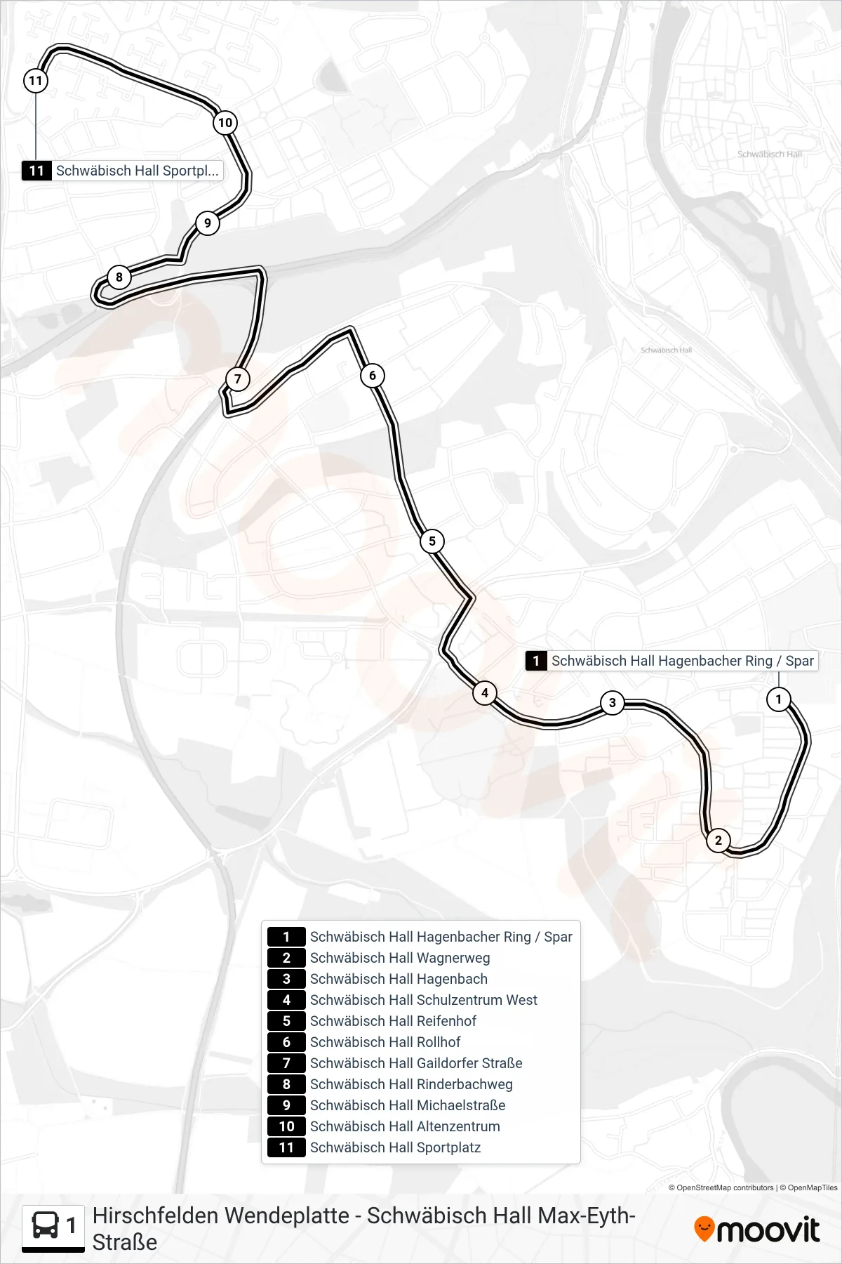 Linie 1 (Bus) Richtung Schwäbisch Hall Sportplatz: Route und Haltestellen auf der Karte