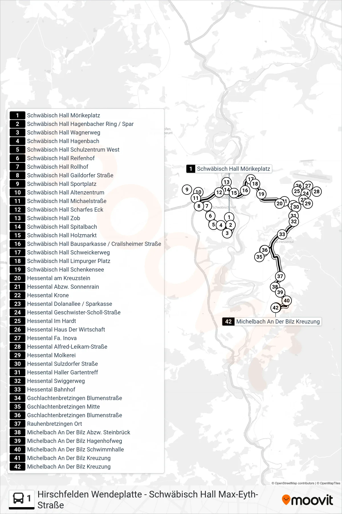 Linie 1 (Bus) Richtung Michelbach An Der Bilz Kreuzung: Route und Haltestellen auf der Karte