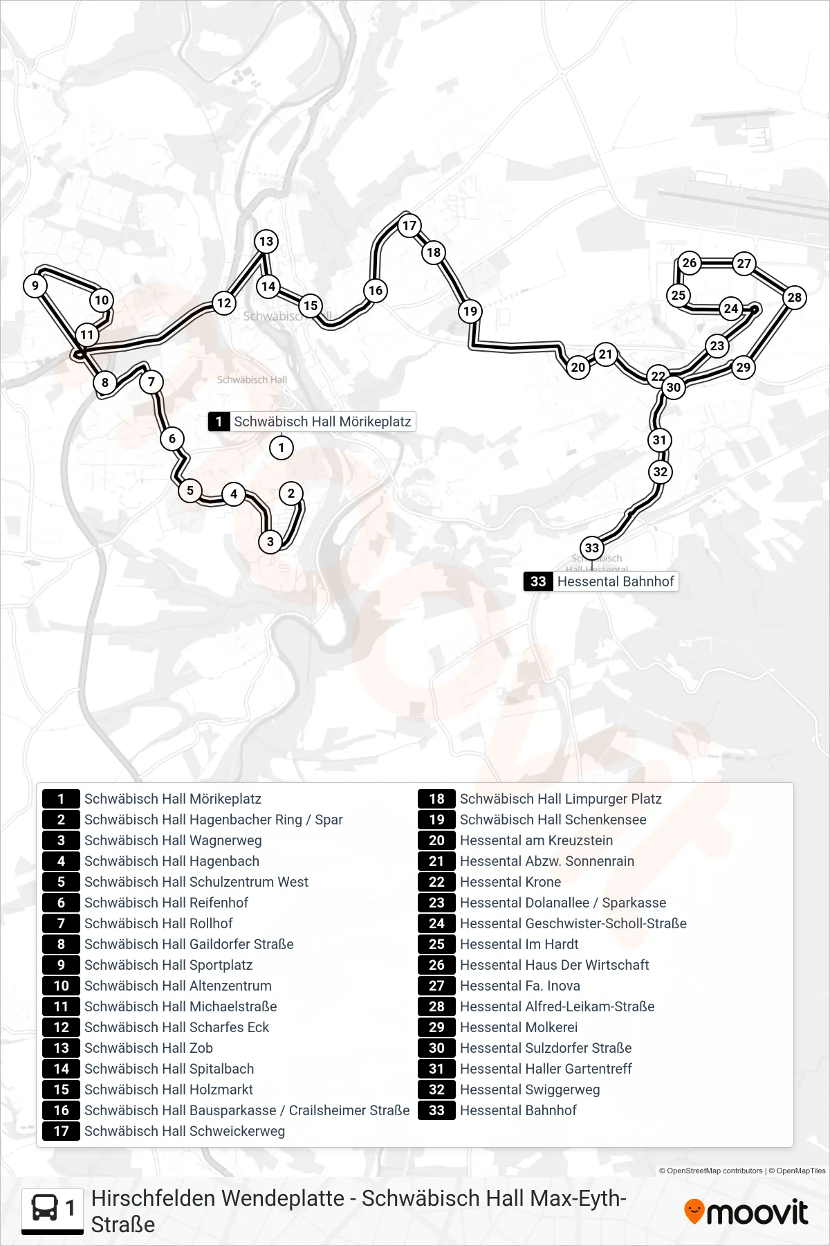 1 bus Line (Hessental Bahnhof) route and stops on a map