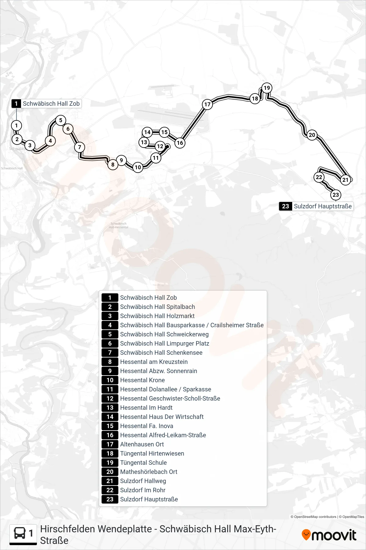 1 bus Line (Sulzdorf Hauptstraße) route and stops on a map