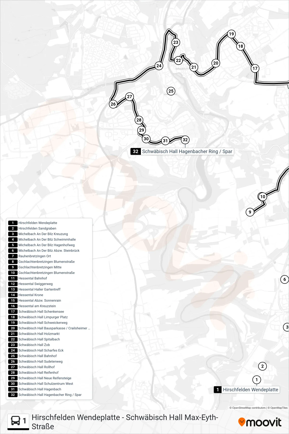 1 bus Line (Schwäbisch Hall Hagenbacher Ring / Spar) route and stops on a map