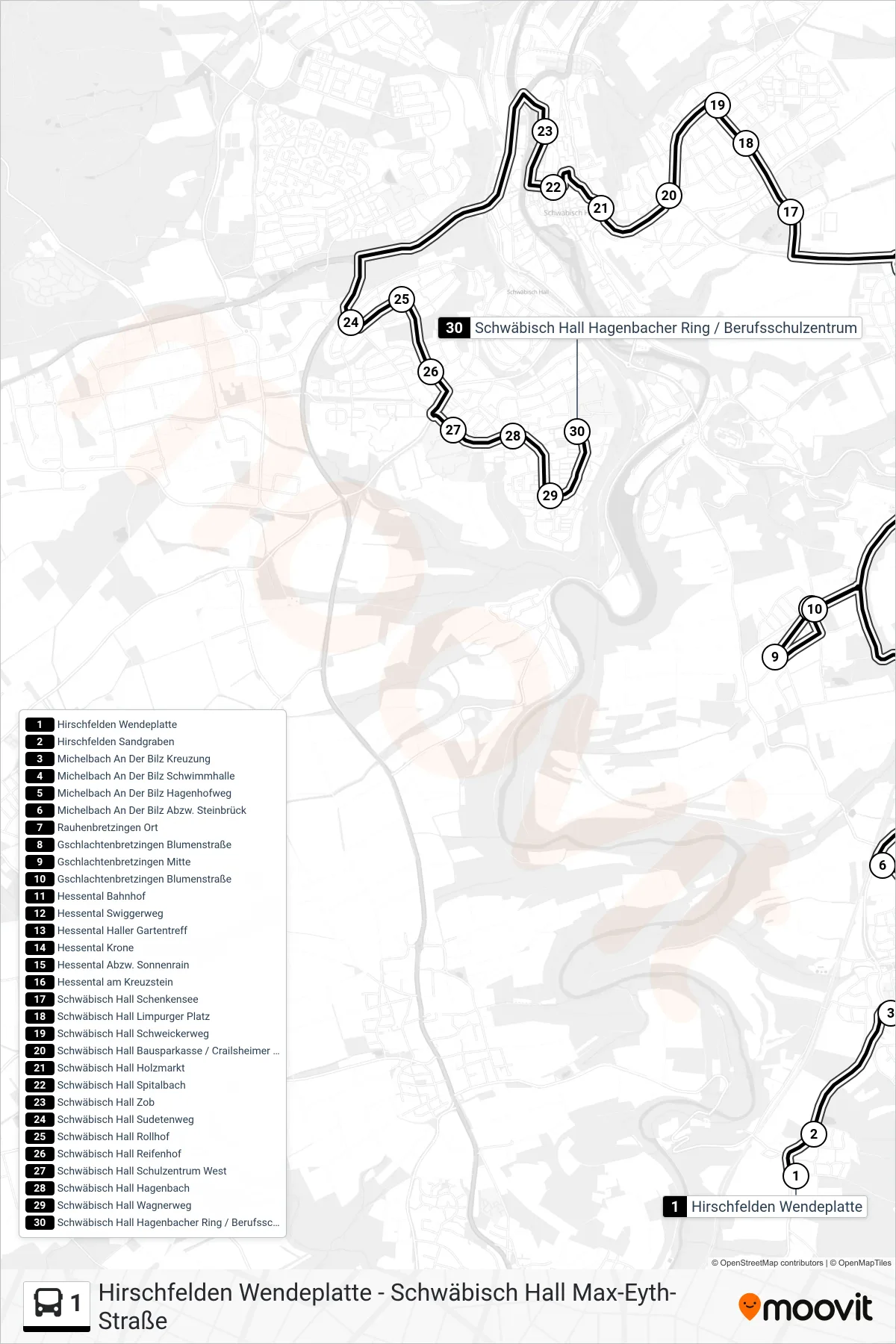 Linie 1 (Bus) Richtung Schwäbisch Hall Hagenbacher Ring / Berufsschulzentrum: Route und Haltestellen auf der Karte