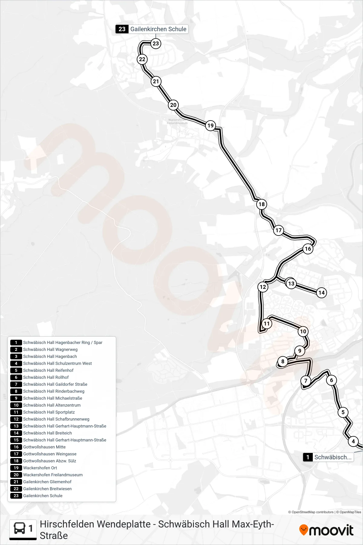 1 bus Line (Gailenkirchen Schule) route and stops on a map