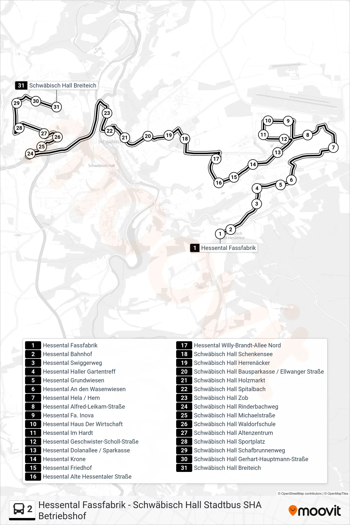 2 bus Line (Schwäbisch Hall Breiteich) route and stops on a map