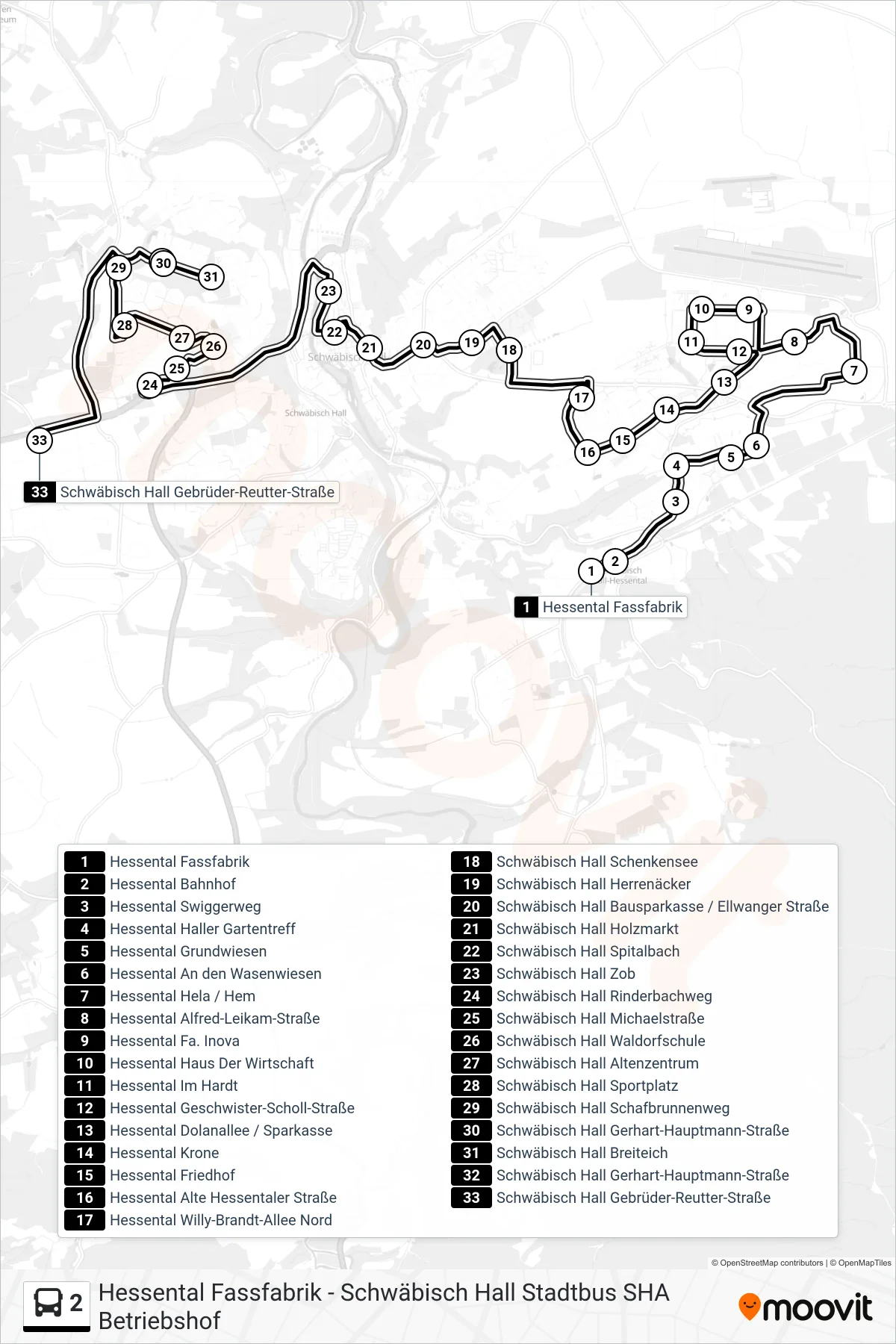 2 bus Line (Schwäbisch Hall Gebrüder-Reutter-Straße) route and stops on a map