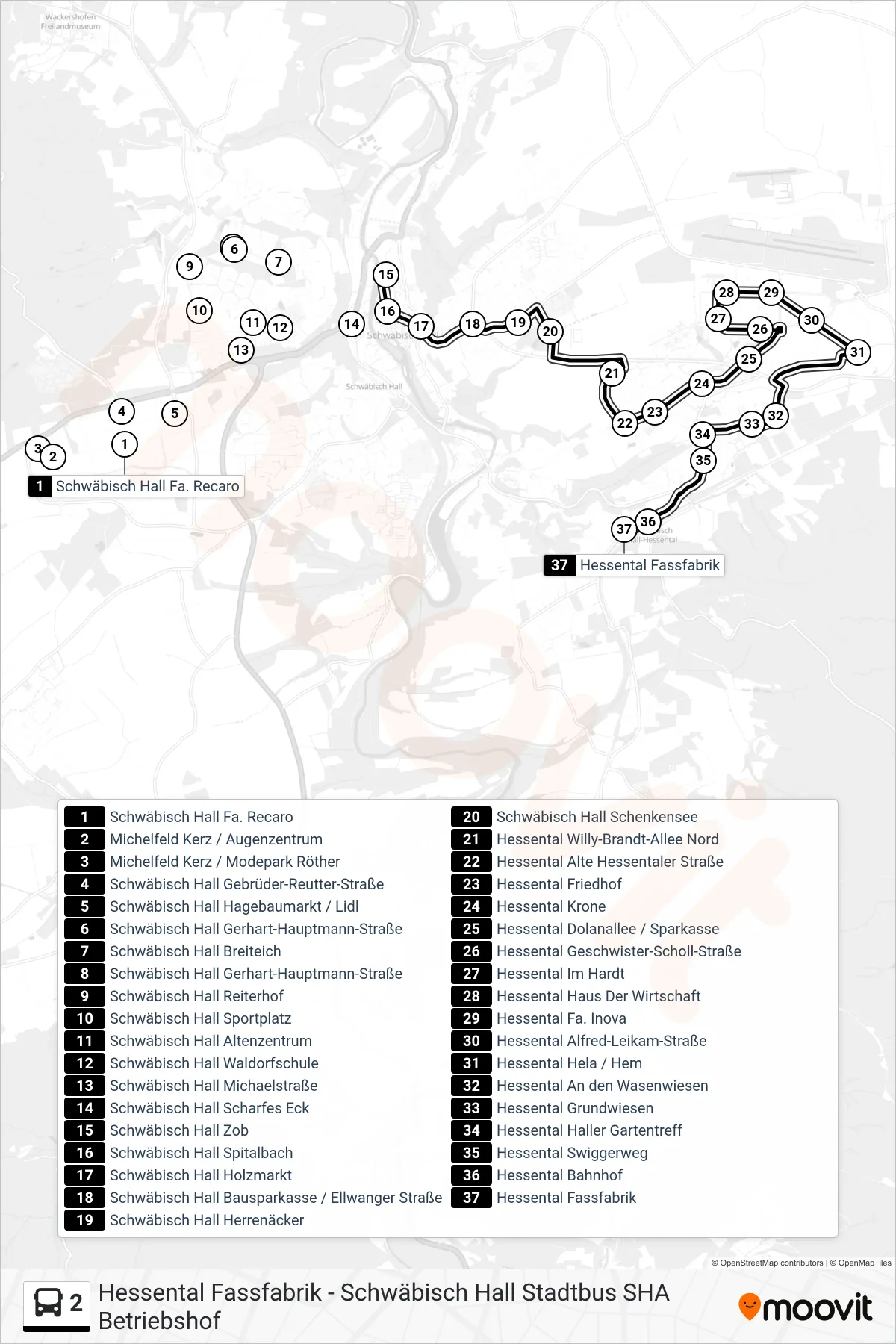 2 bus Line (Hessental Fassfabrik) route and stops on a map