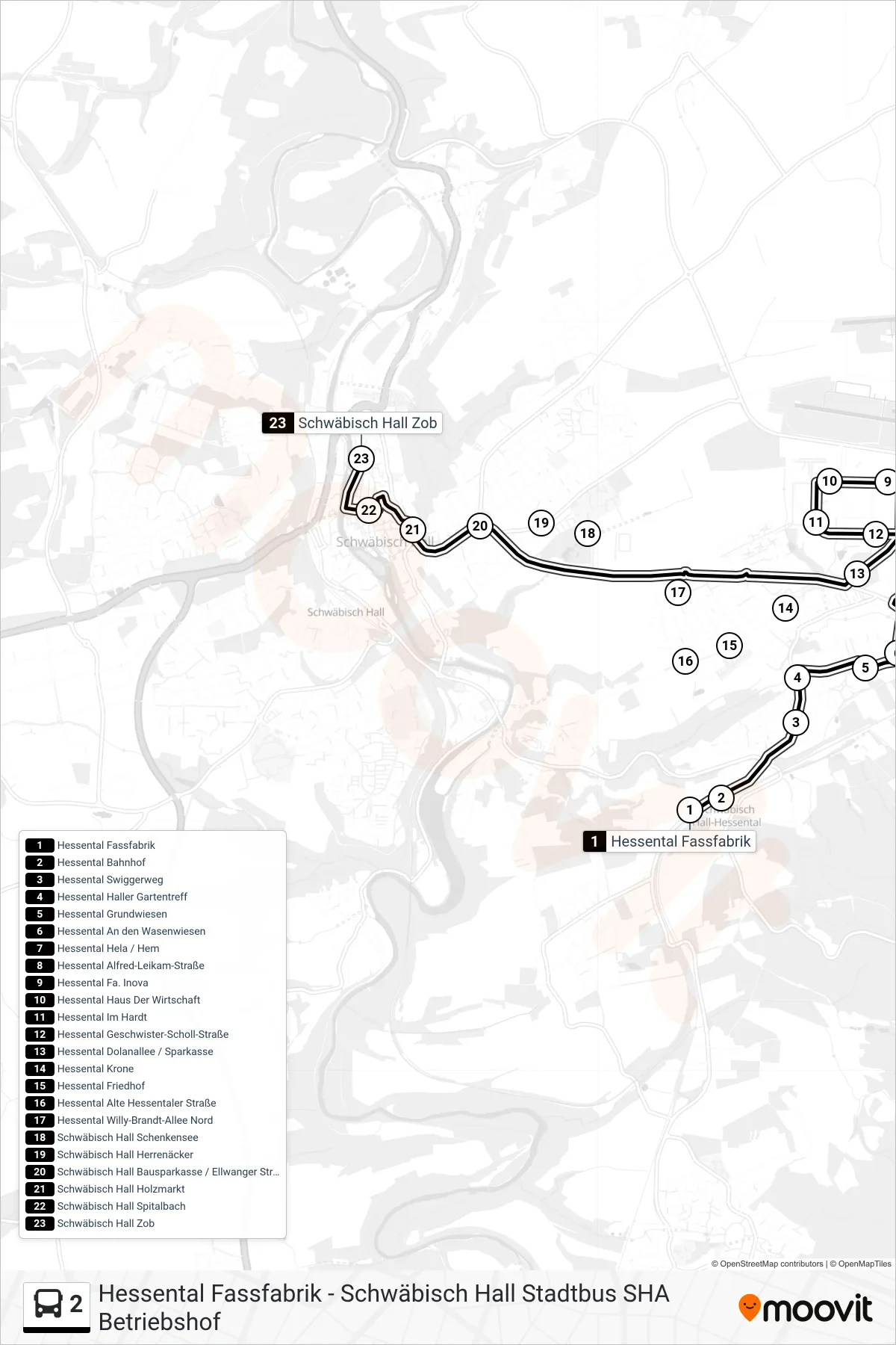 2 bus Line (Schwäbisch Hall Zob) route and stops on a map