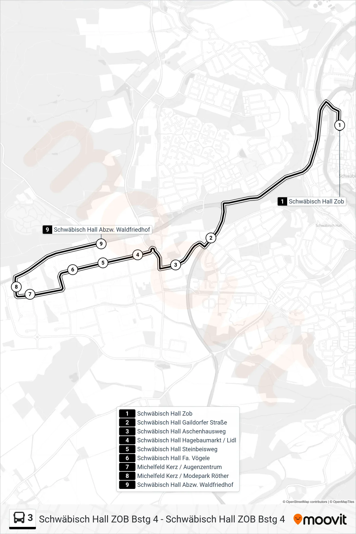 Linie 3 (Bus) Richtung Schwäbisch Hall Abzw. Waldfriedhof: Route und Haltestellen auf der Karte