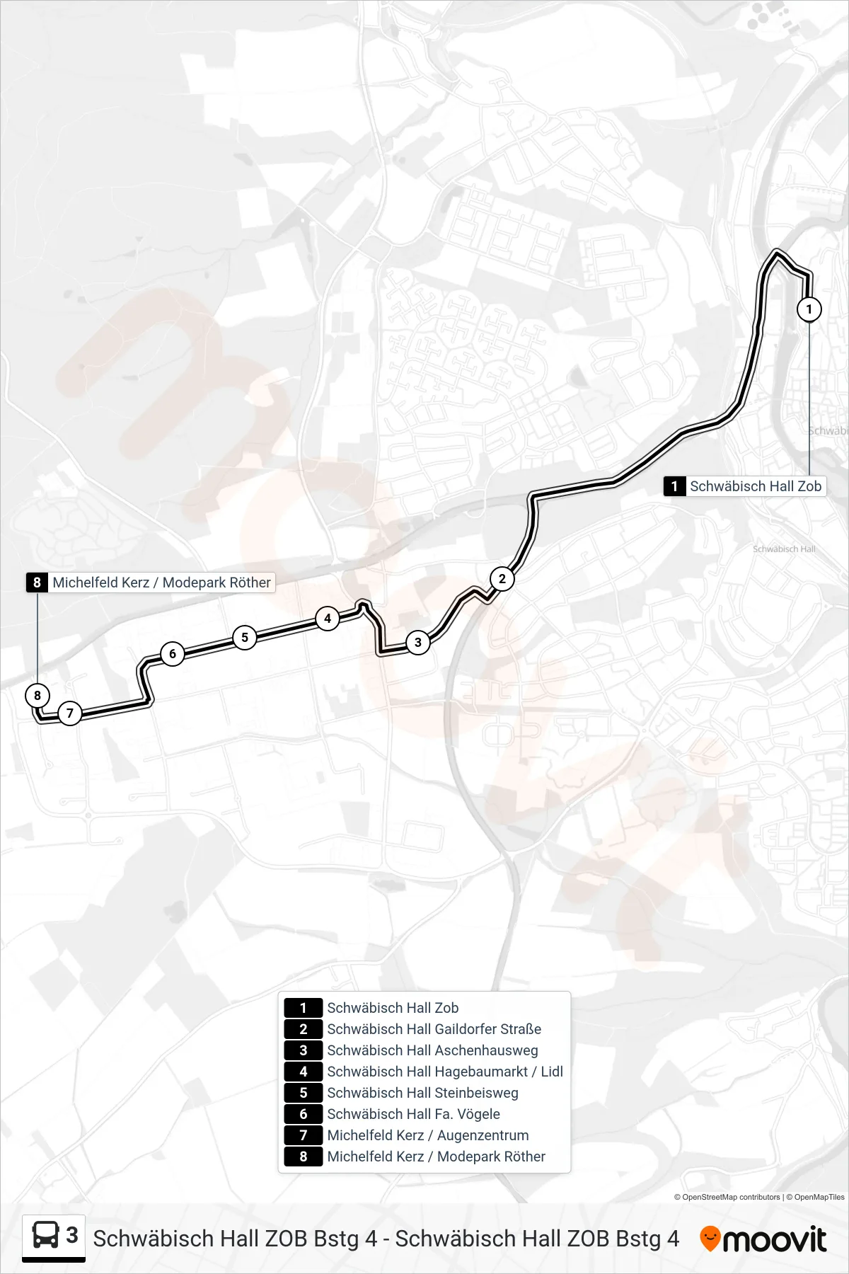Linie 3 (Bus) Richtung Michelfeld Kerz / Modepark Röther: Route und Haltestellen auf der Karte