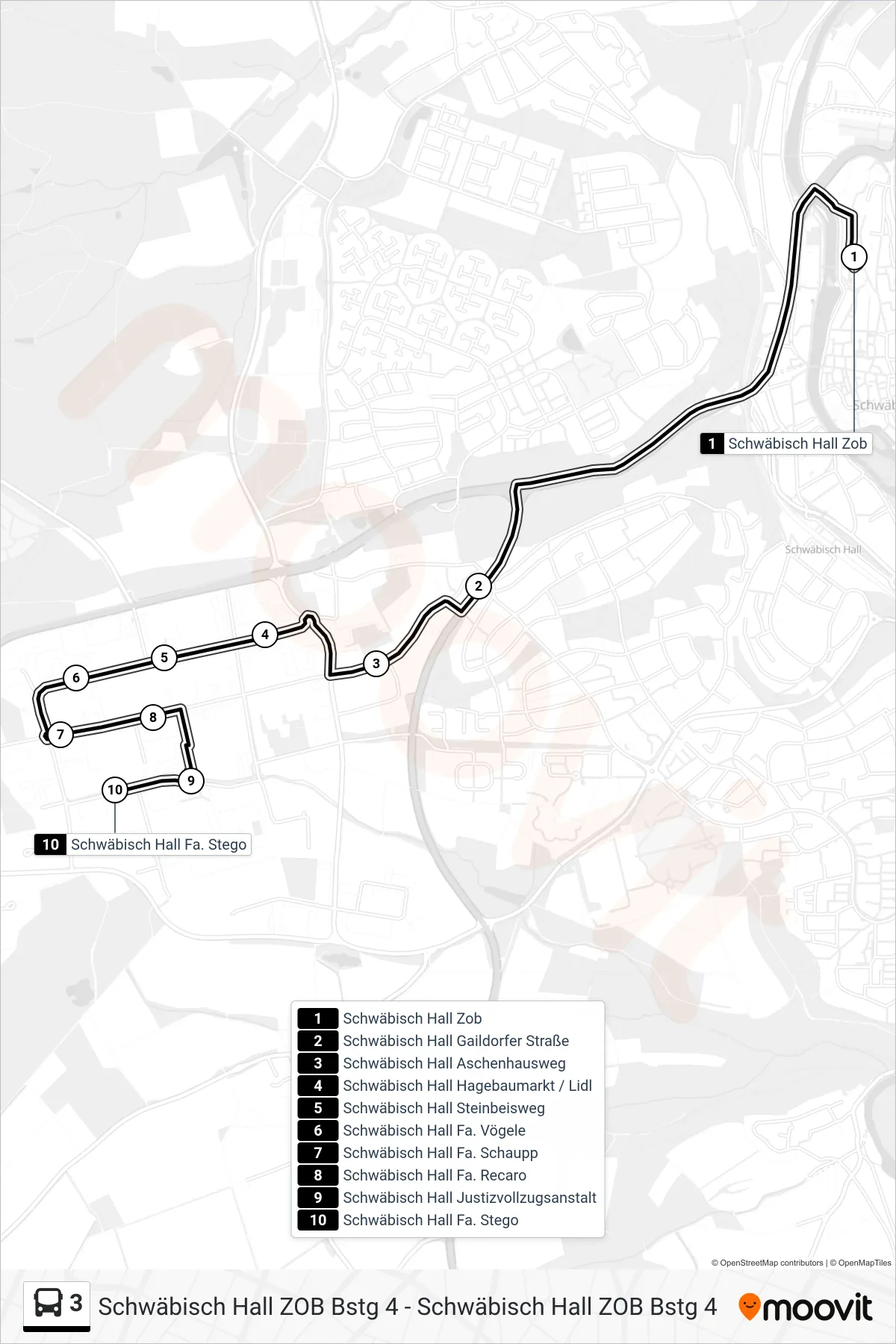 Linie 3 (Bus) Richtung Schwäbisch Hall Fa. Stego: Route und Haltestellen auf der Karte