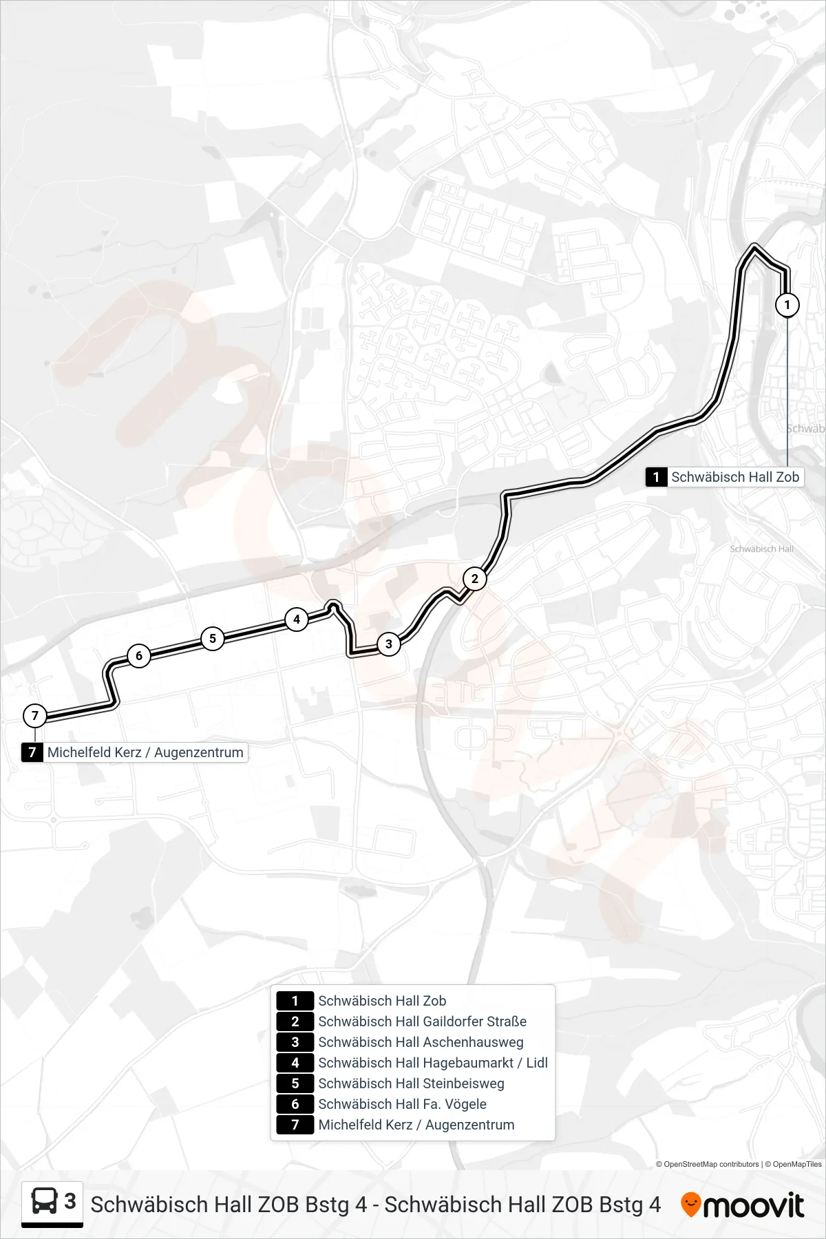3 bus Line (Michelfeld Kerz / Augenzentrum) route and stops on a map