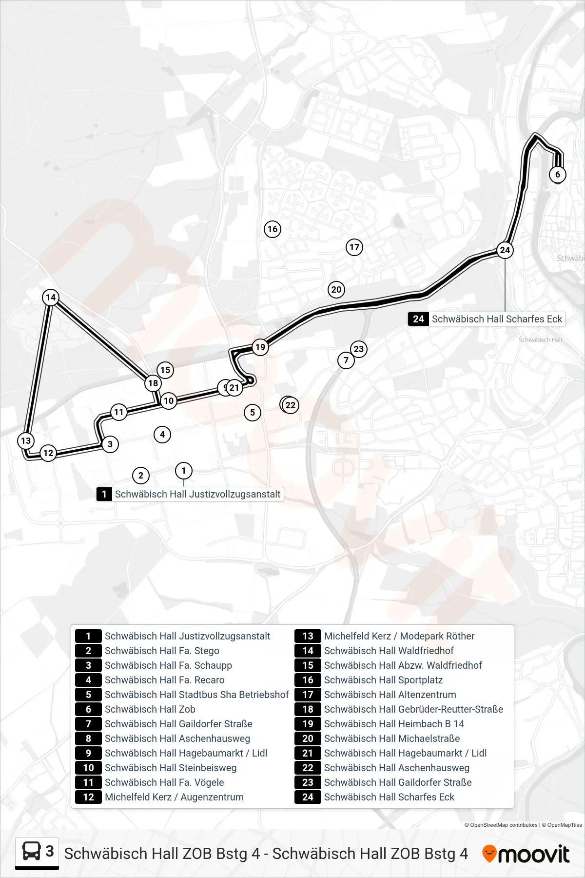 3 bus Line (Schwäbisch Hall Zob) route and stops on a map