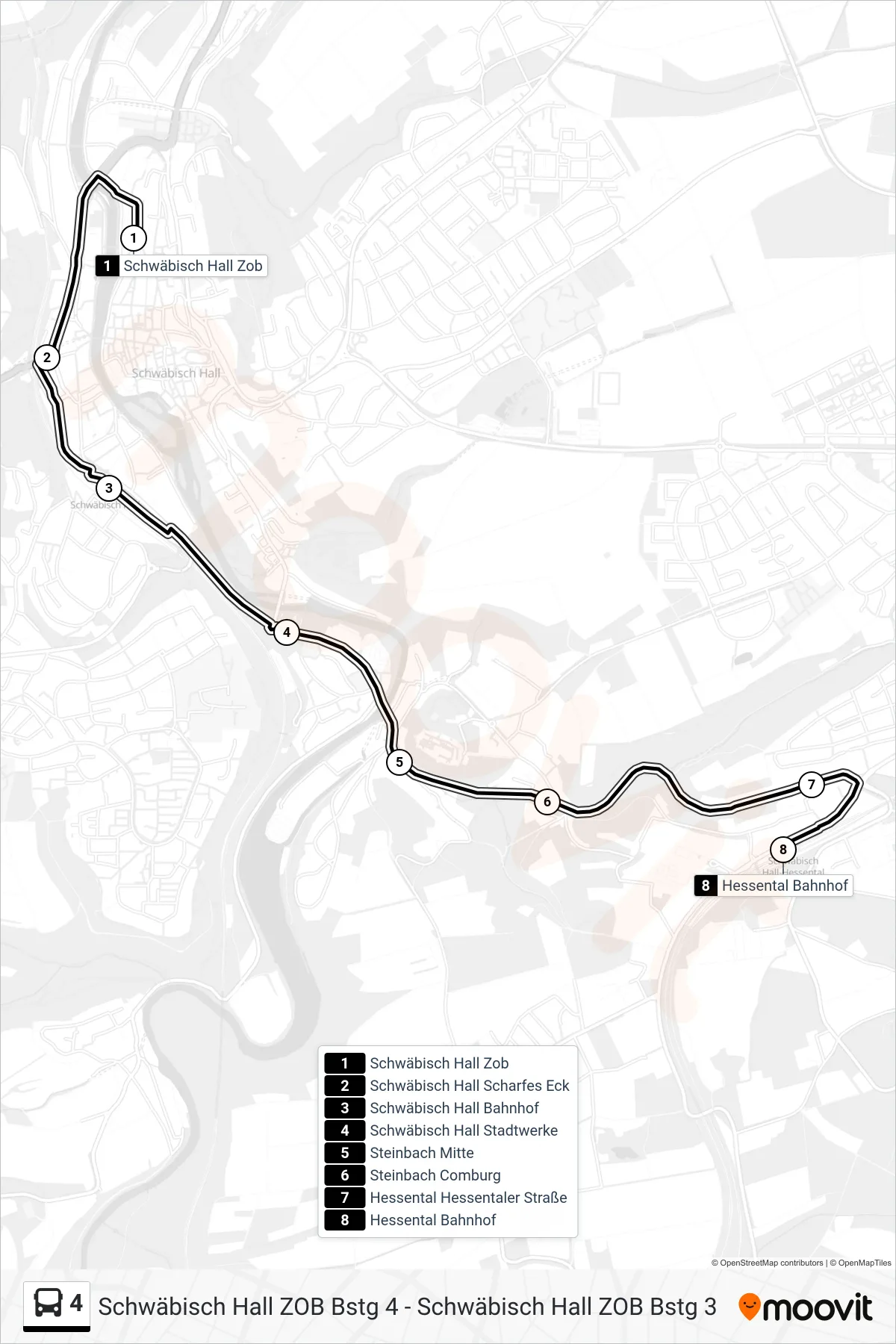 Linie 4 (Bus) Richtung Hessental Bahnhof: Route und Haltestellen auf der Karte