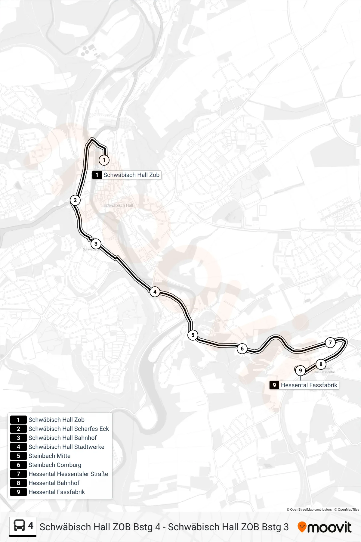 4 bus Line (Hessental Fassfabrik) route and stops on a map