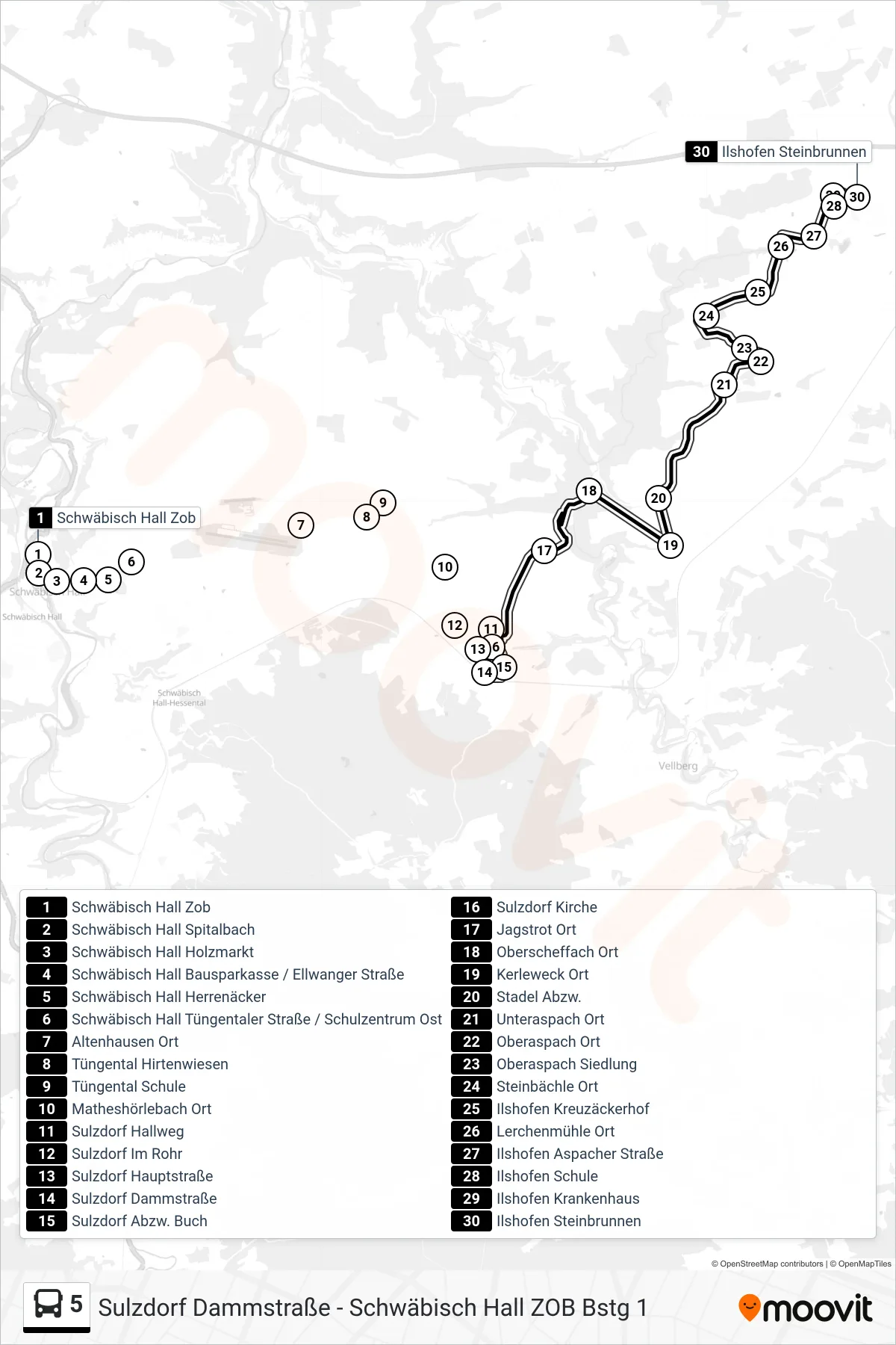 5 bus Line (Ilshofen Steinbrunnen) route and stops on a map