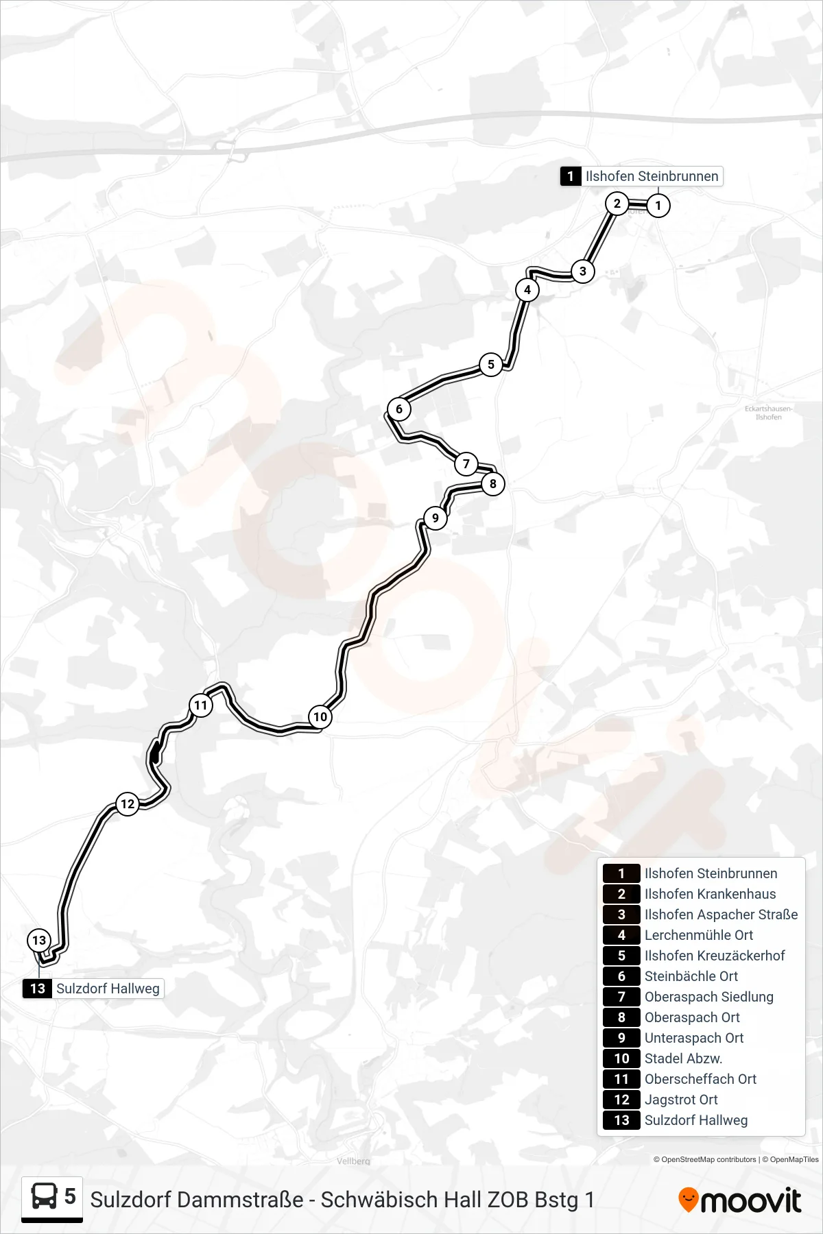 Linie 5 (Bus) Richtung Sulzdorf Hallweg: Route und Haltestellen auf der Karte