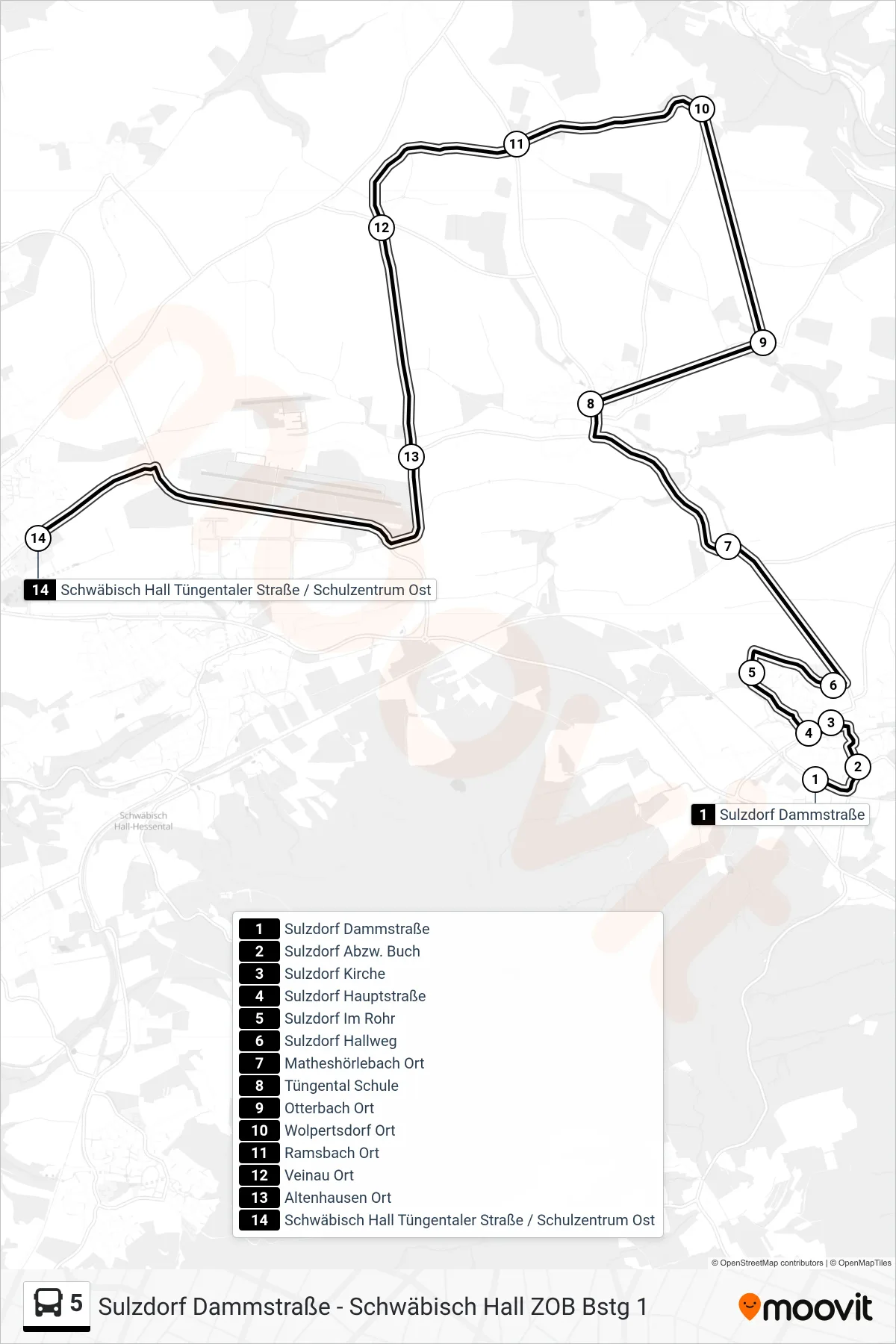 5 bus Line (Schwäbisch Hall Tüngentaler Straße / Schulzentrum Ost) route and stops on a map
