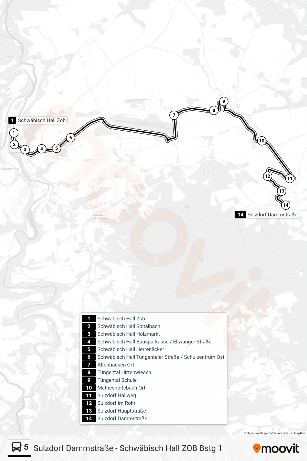 Linie 5 (Bus) Richtung Sulzdorf Dammstraße: Route und Haltestellen auf der Karte