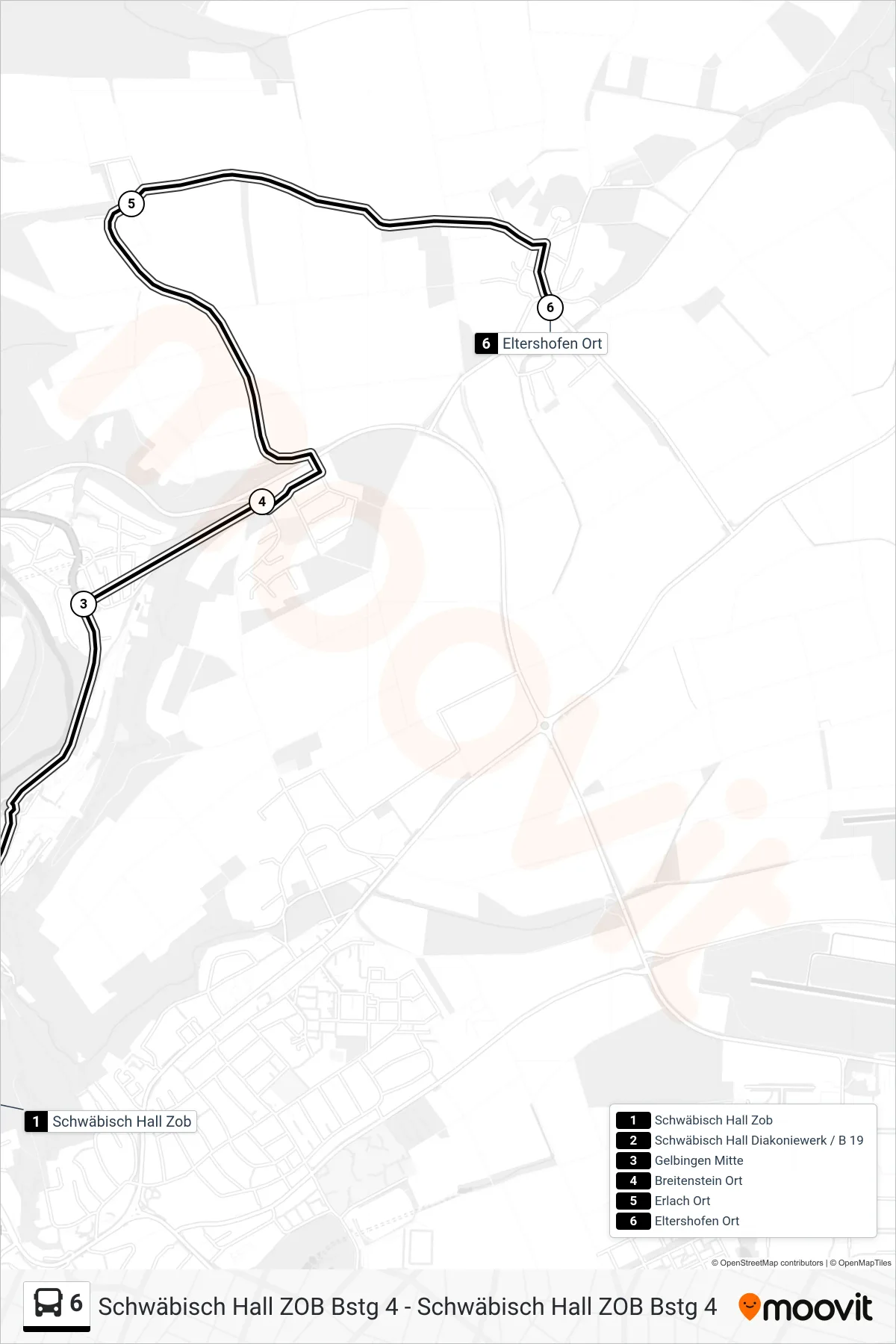 6 bus Line (Eltershofen Ort) route and stops on a map