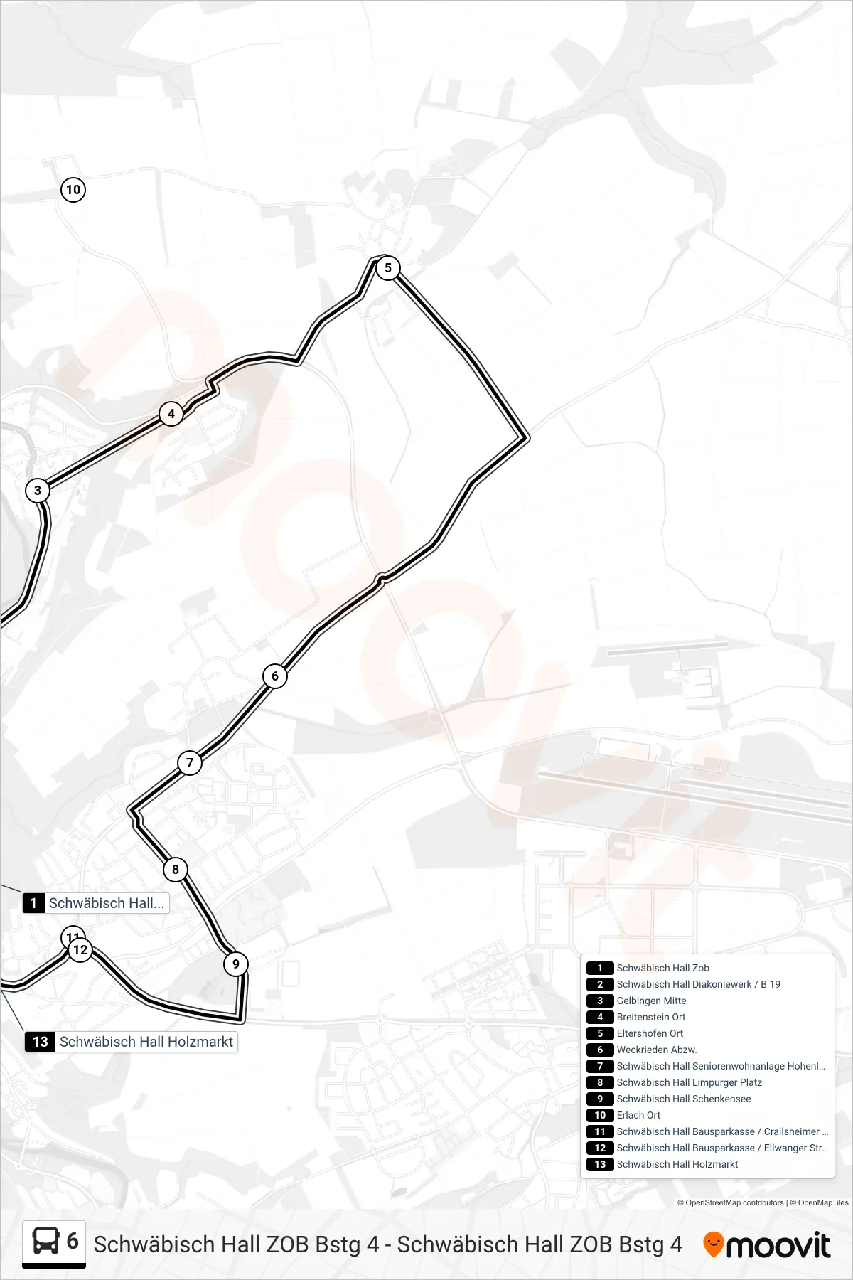 Linie 6 (Bus) Richtung Schwäbisch Hall Zob: Route und Haltestellen auf der Karte