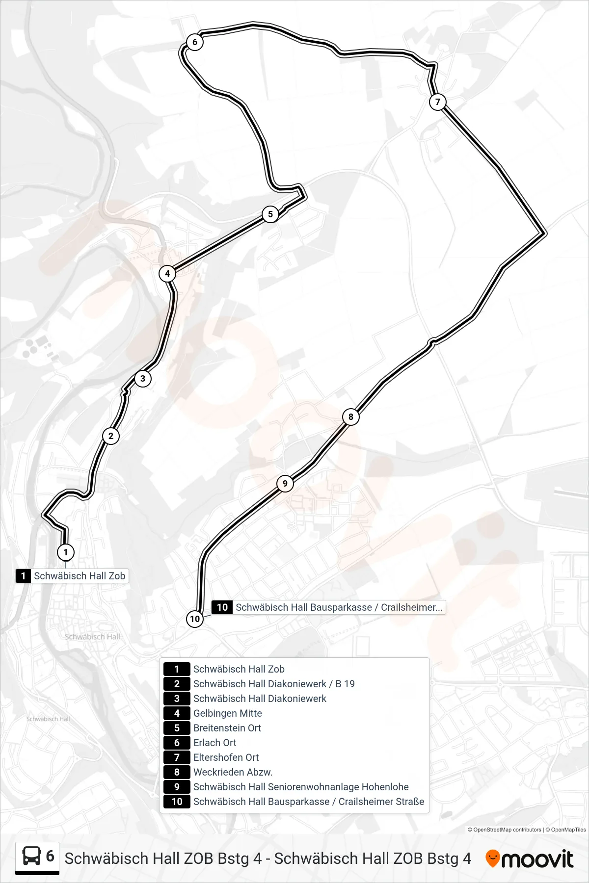 6 bus Line (Schwäbisch Hall Bausparkasse / Crailsheimer Straße) route and stops on a map