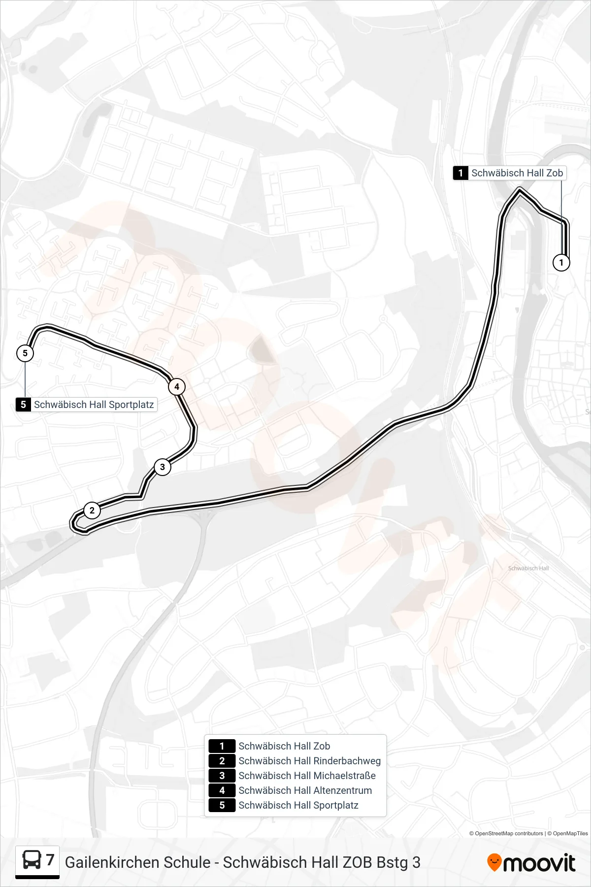 Linie 7 (Bus) Richtung Schwäbisch Hall Sportplatz: Route und Haltestellen auf der Karte