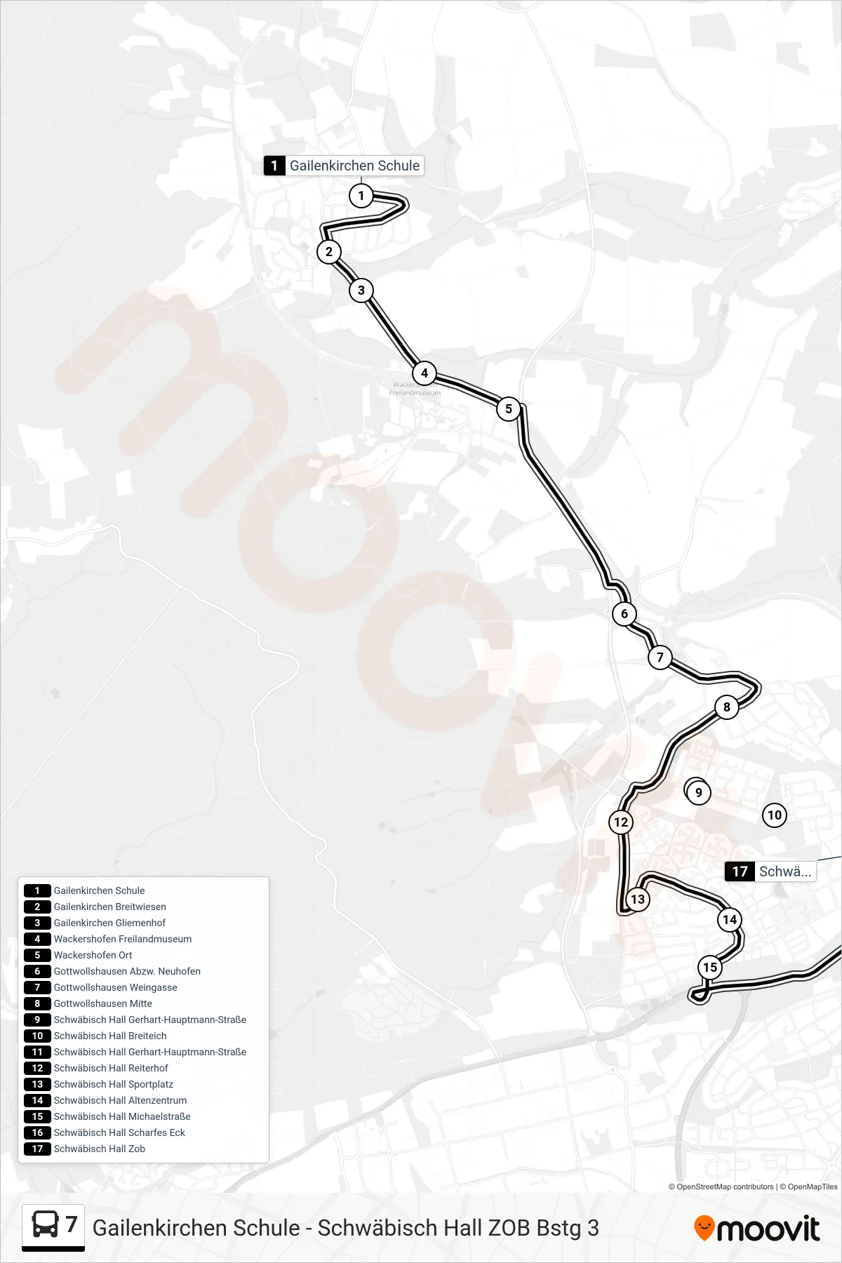 Linie 7 (Bus) Richtung Schwäbisch Hall Zob: Route und Haltestellen auf der Karte