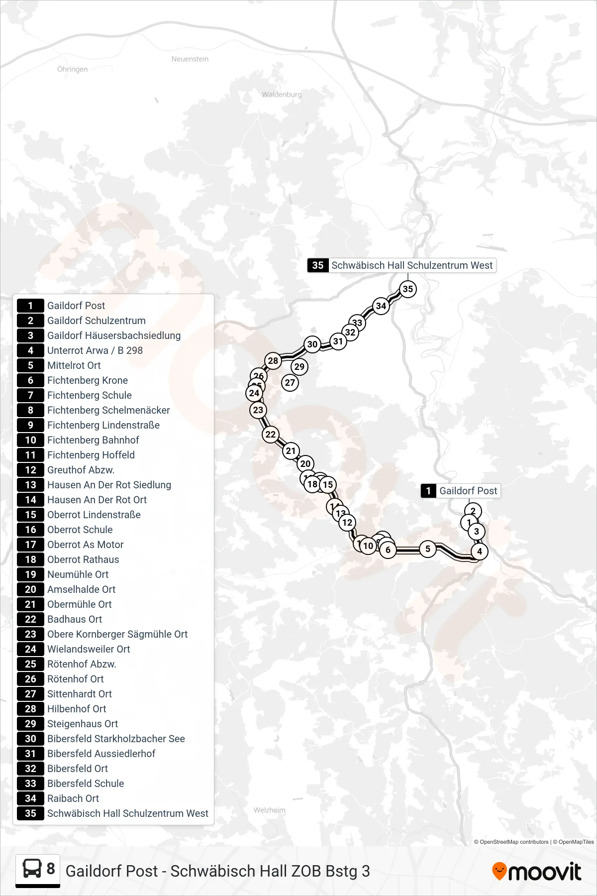 8 bus Line (Schwäbisch Hall Schulzentrum West) route and stops on a map