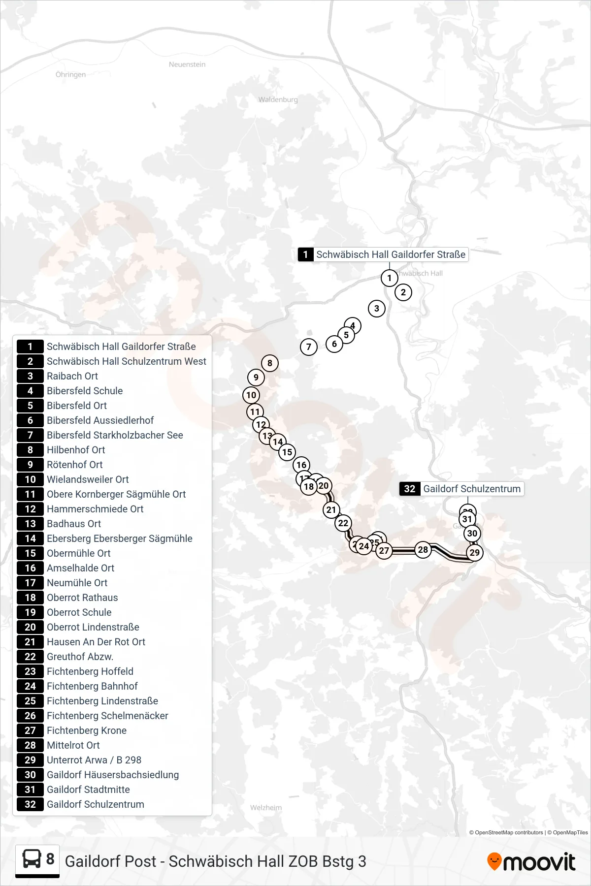 Linie 8 (Bus) Richtung Gaildorf Schulzentrum: Route und Haltestellen auf der Karte