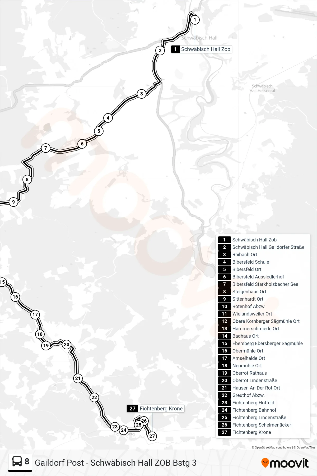 8 bus Line (Fichtenberg Krone) route and stops on a map
